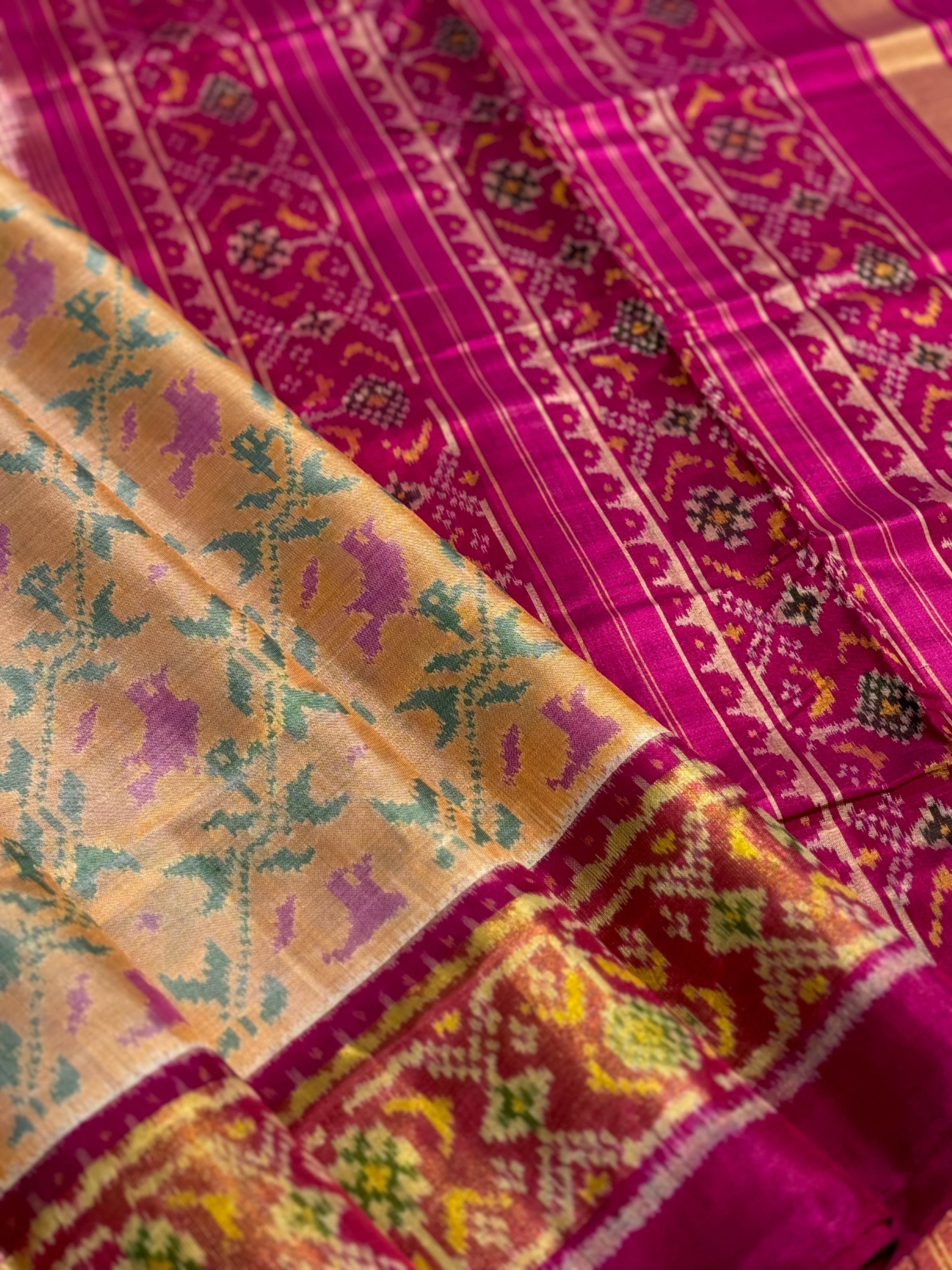 A gorgeous beige gold shade single ikkat patola silk SAREE