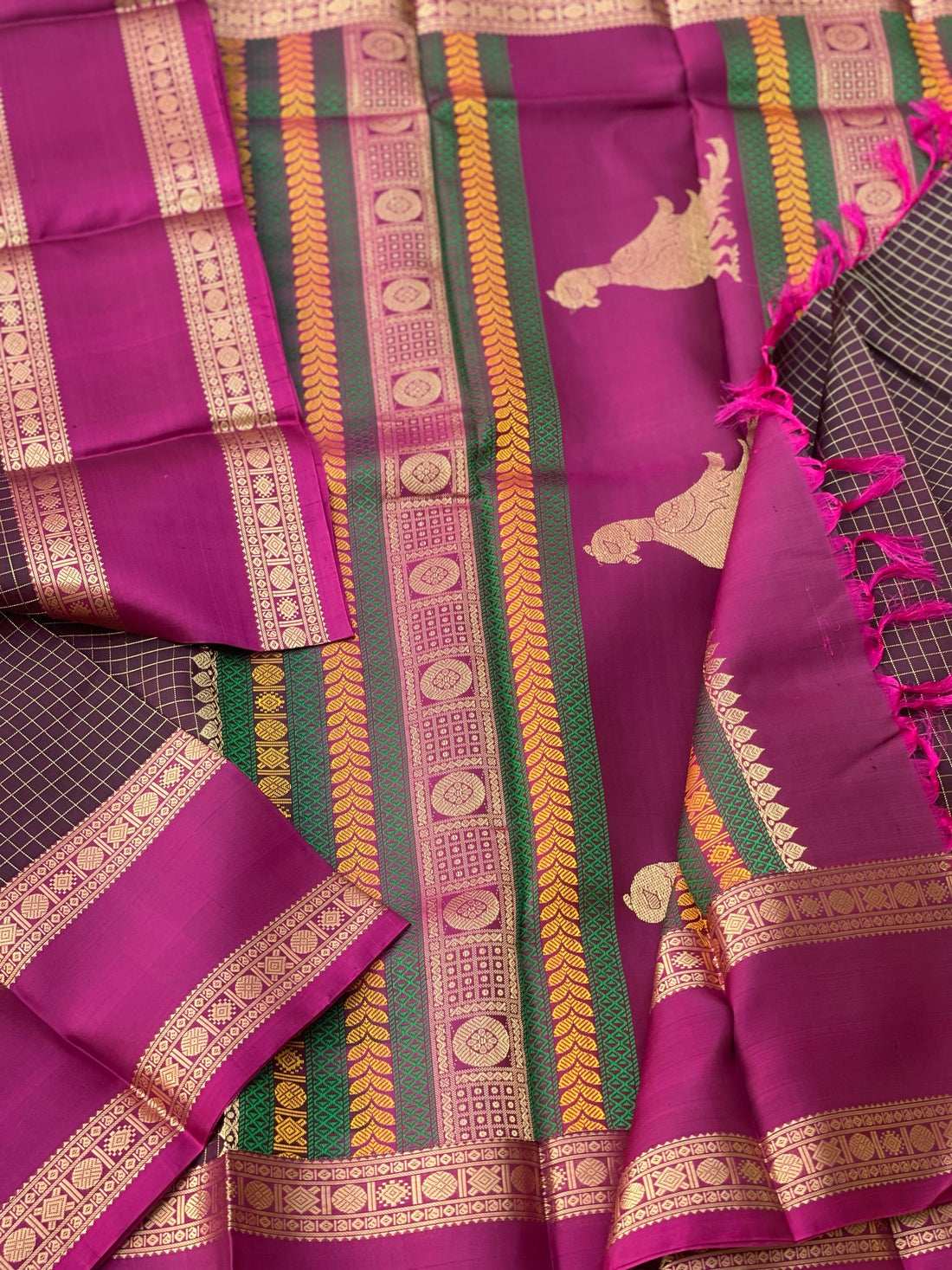 Threadwork Kanchivaram Silk Saree With Kalakshetra Kili Pallu And Rettapet Border