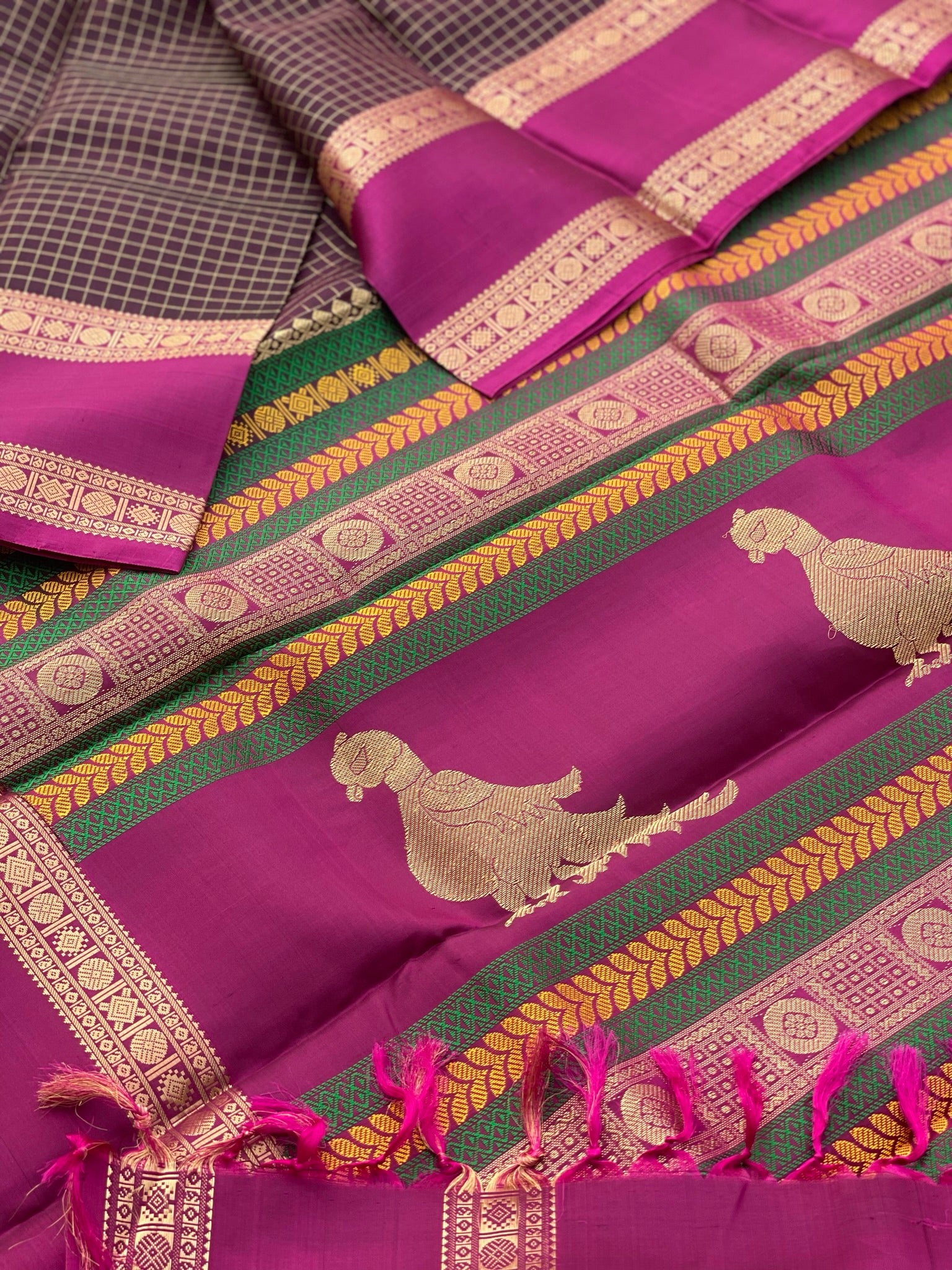 Threadwork Kanchivaram Silk Saree With Kalakshetra Kili Pallu And Rettapet Border