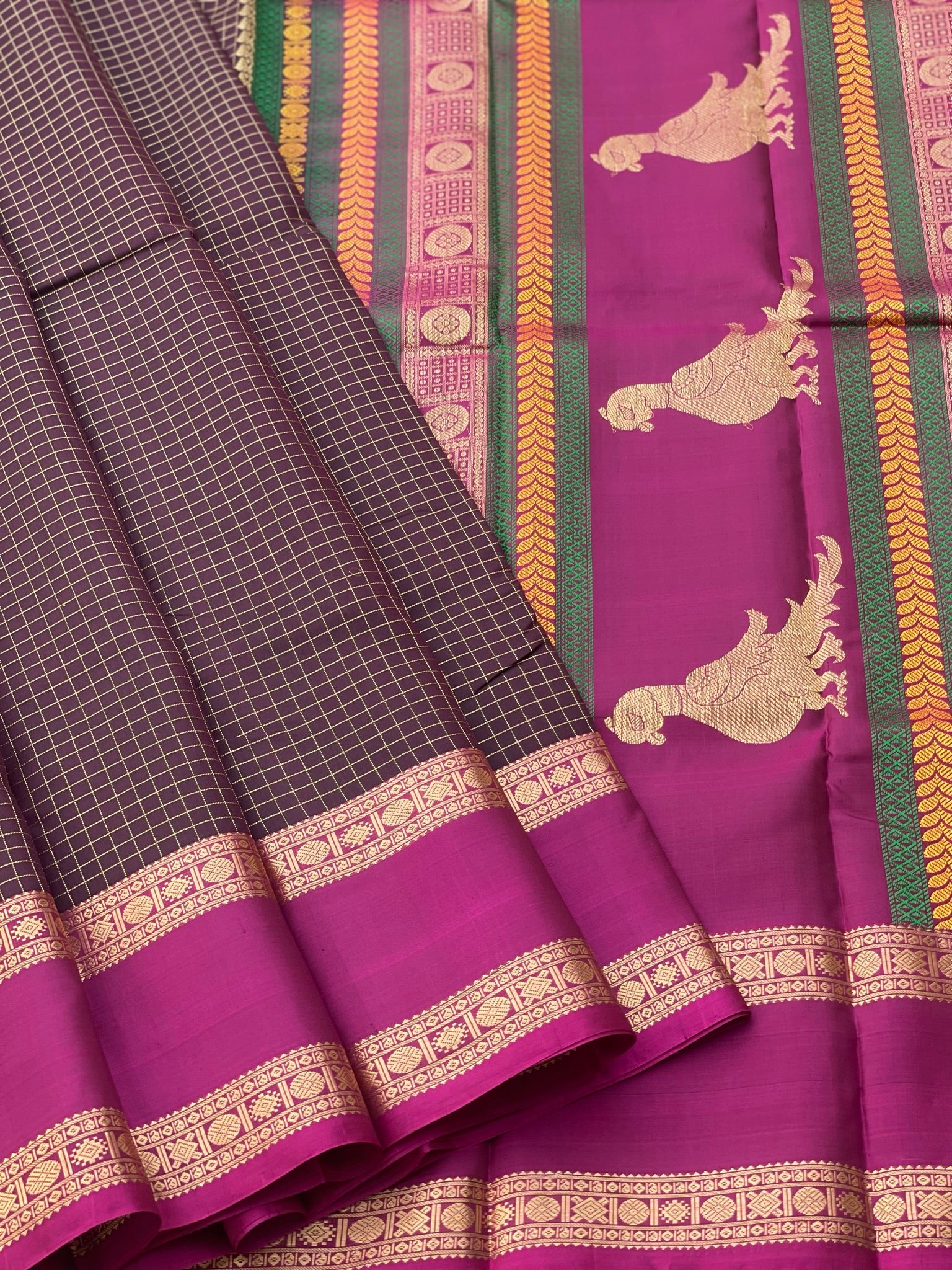 Threadwork Kanchivaram Silk Saree With Kalakshetra Kili Pallu And Rettapet Border