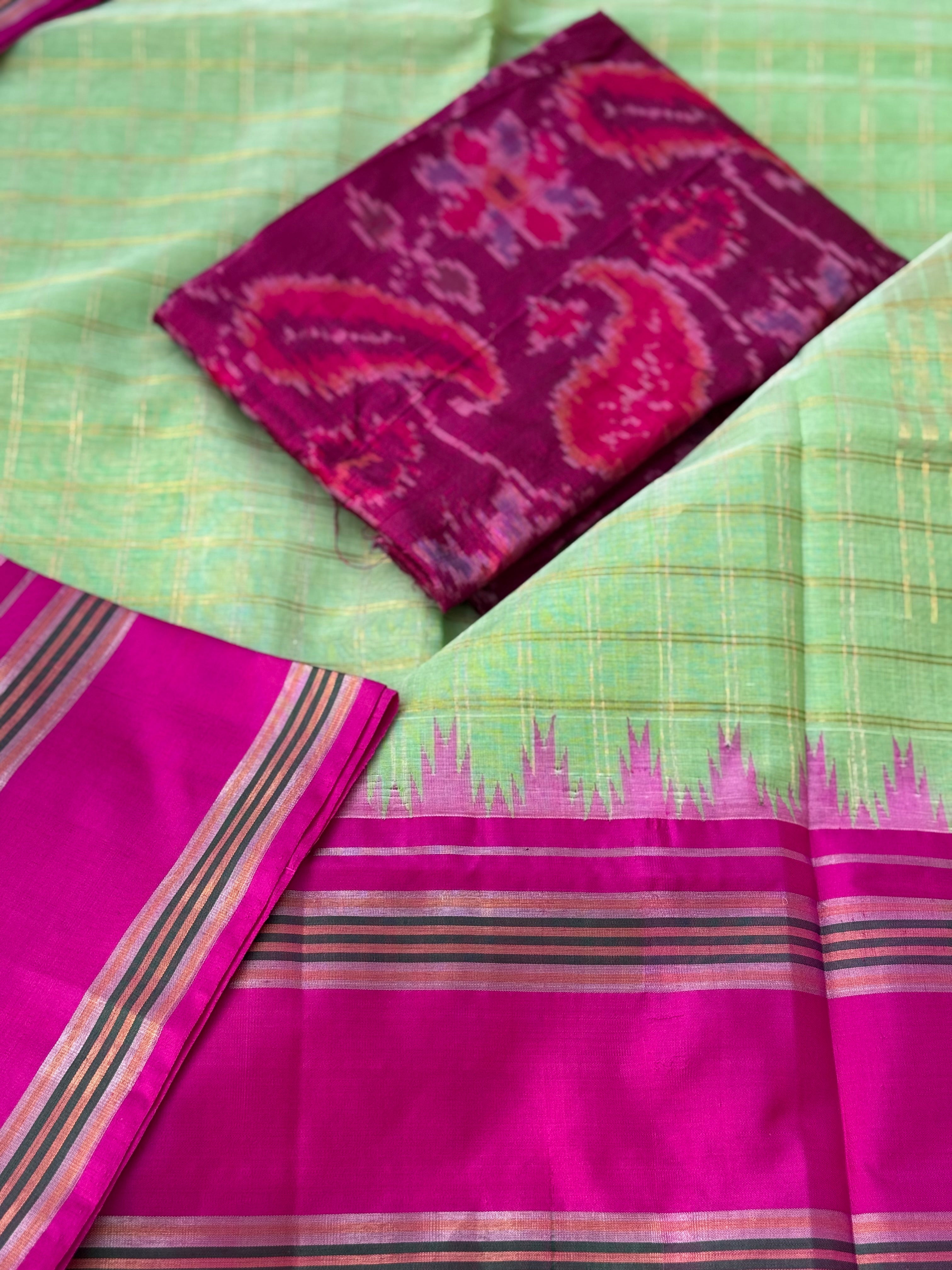 Handspun and handwoven ponduru Khadhi cotton saree with zari checks