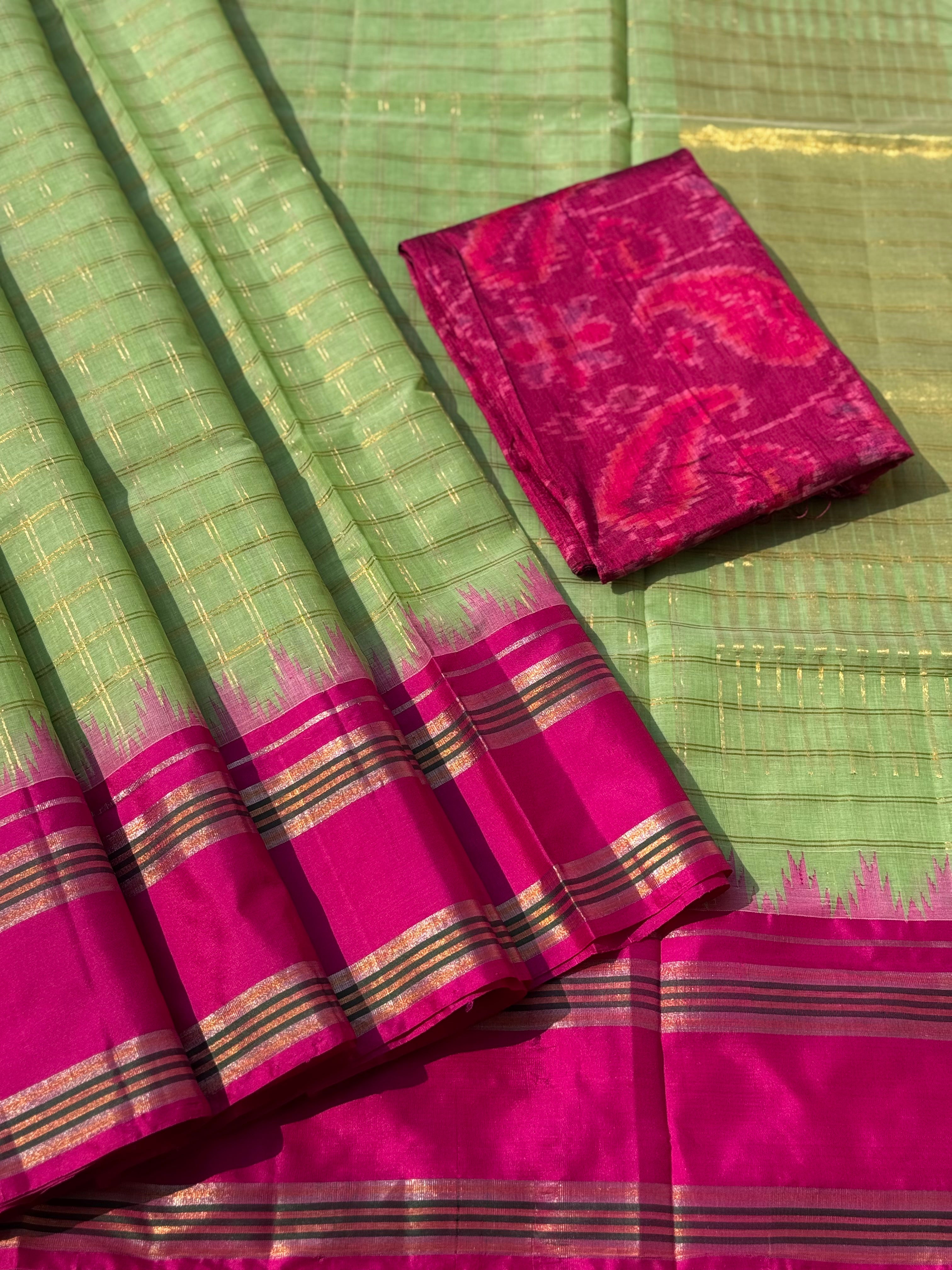 Handspun and handwoven ponduru Khadhi cotton saree with zari checks
