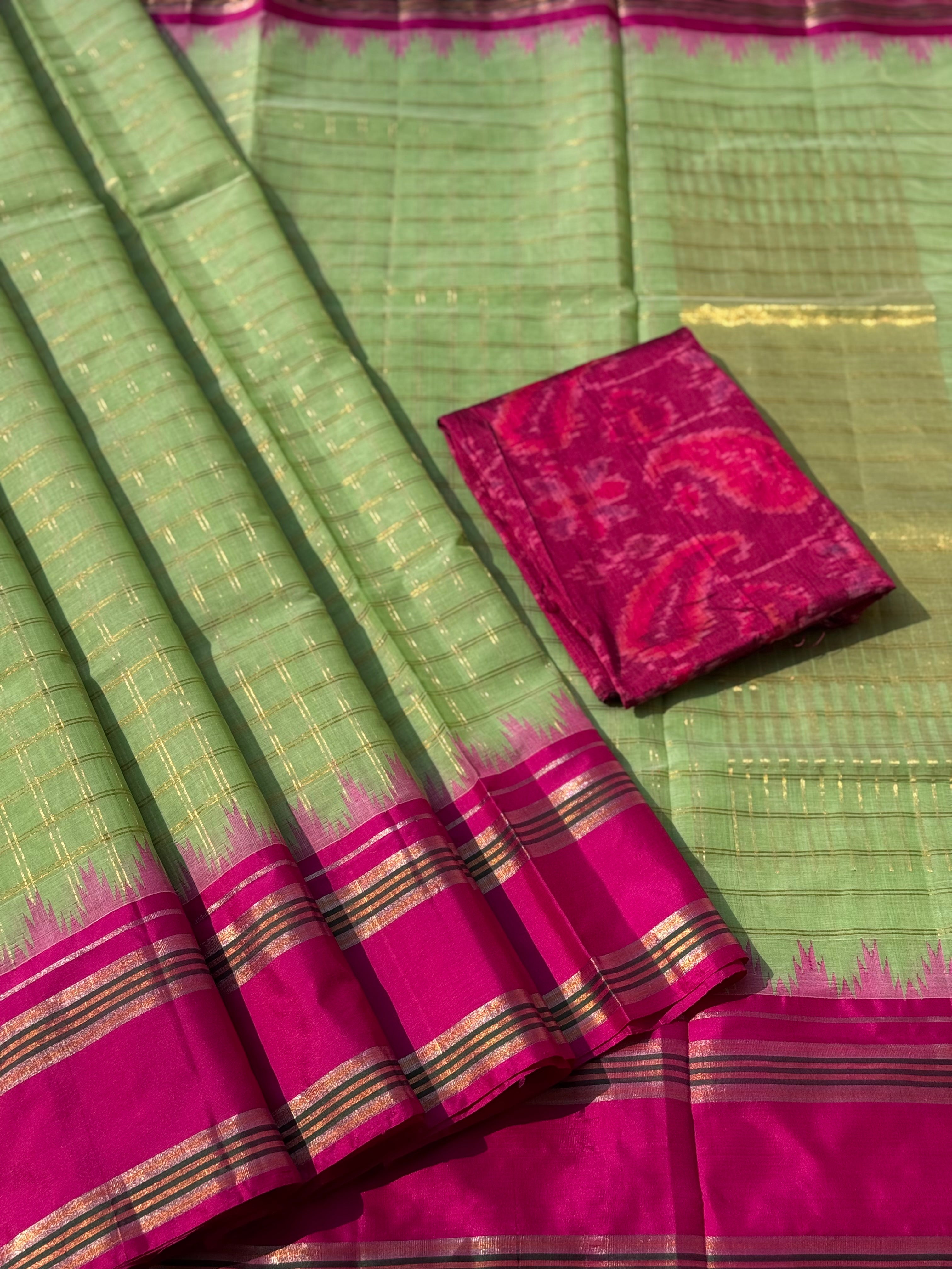 Handspun and handwoven ponduru Khadhi cotton saree with zari checks