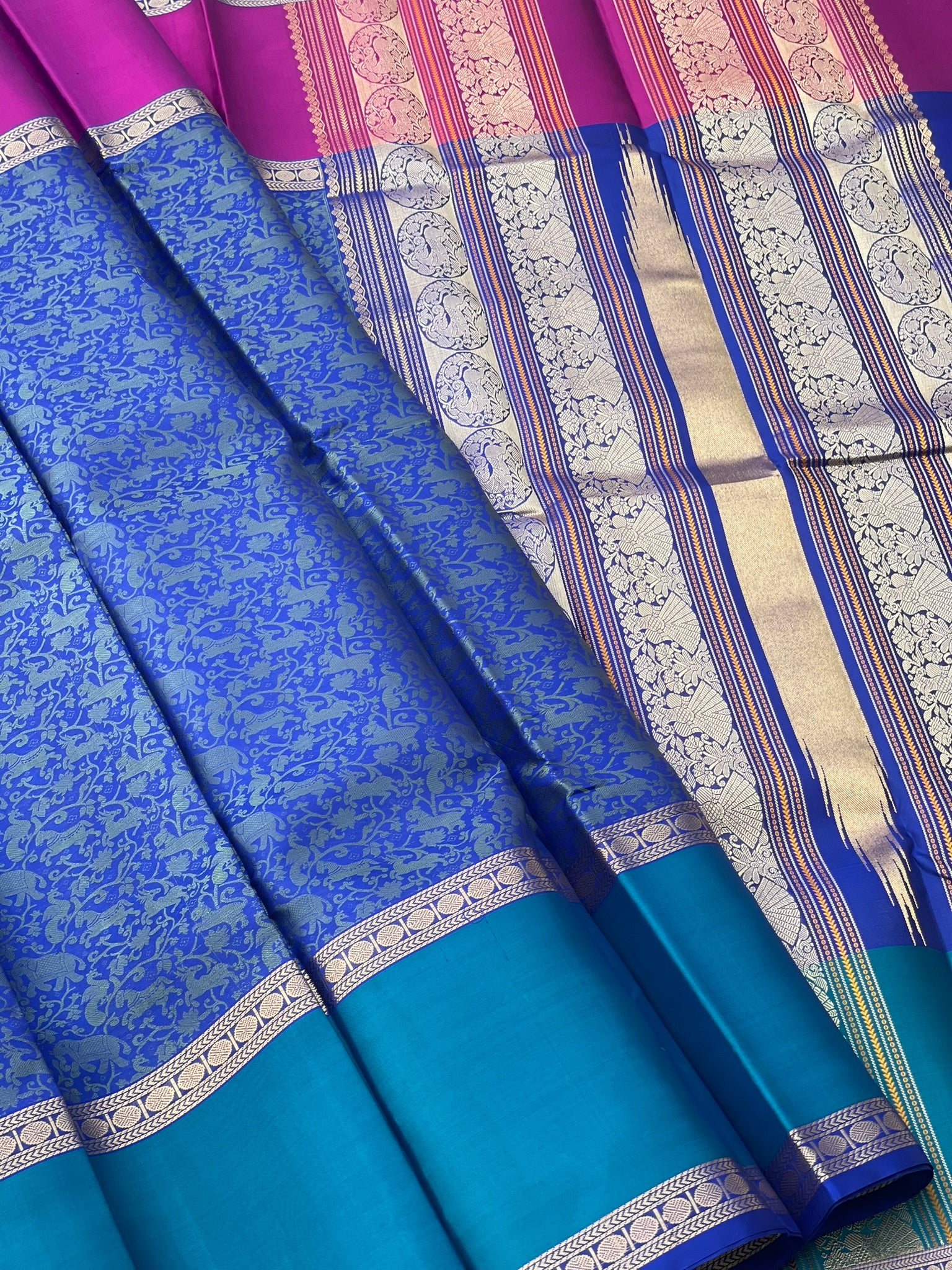 Threadwork Kanchivaram Silk Saree With Vanasingaram Ganga Jamuna Border