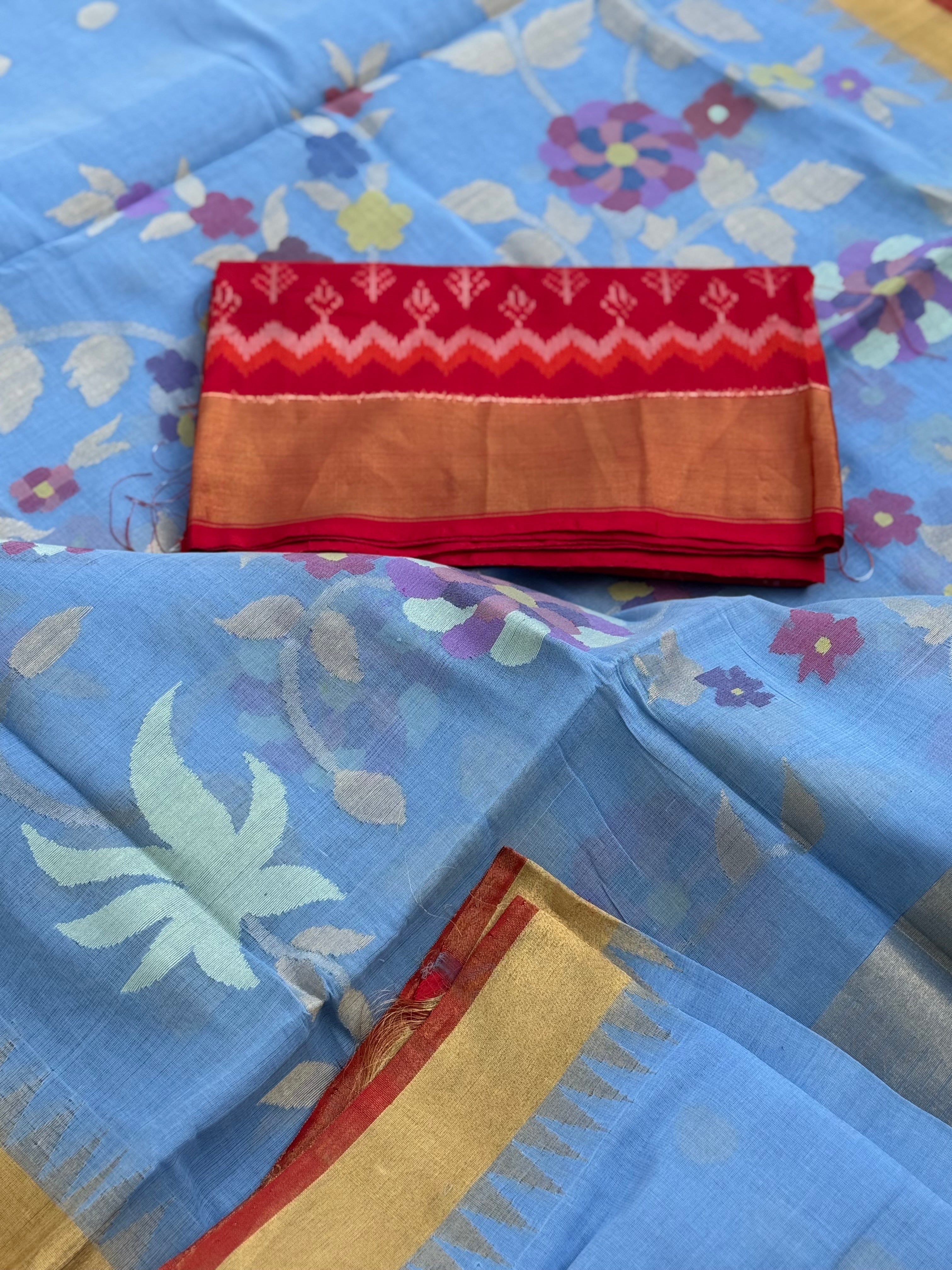 A handspun ponduru khadhi jamdani cotton saree in powder blue full jaal pallu and blouse