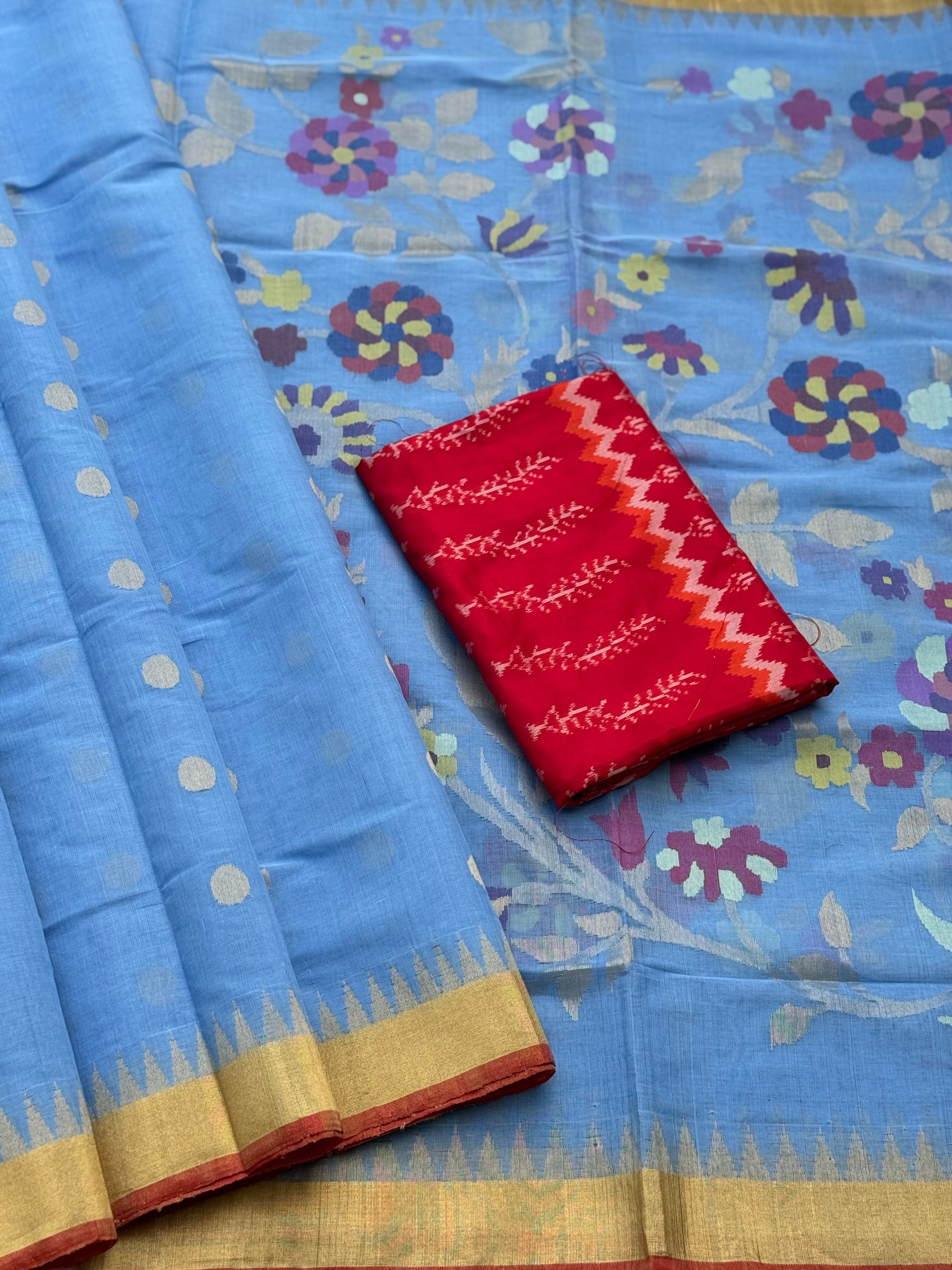 A handspun ponduru khadhi jamdani cotton saree in powder blue full jaal pallu and blouse