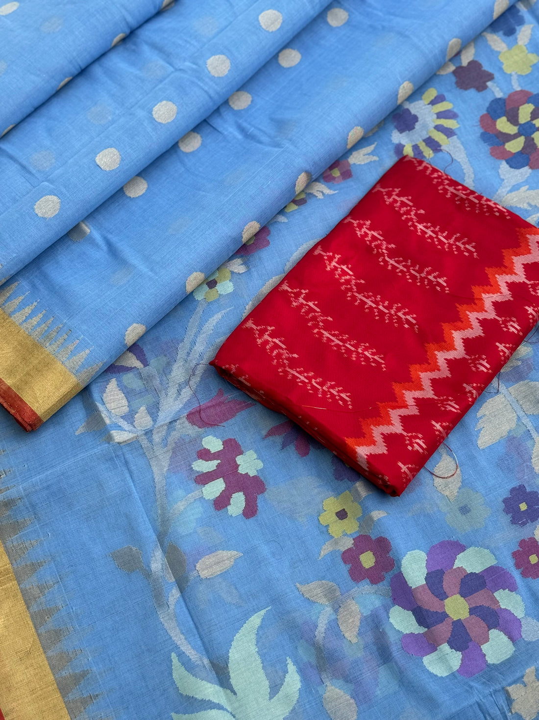 A handspun ponduru khadhi jamdani cotton saree in powder blue full jaal pallu and blouse