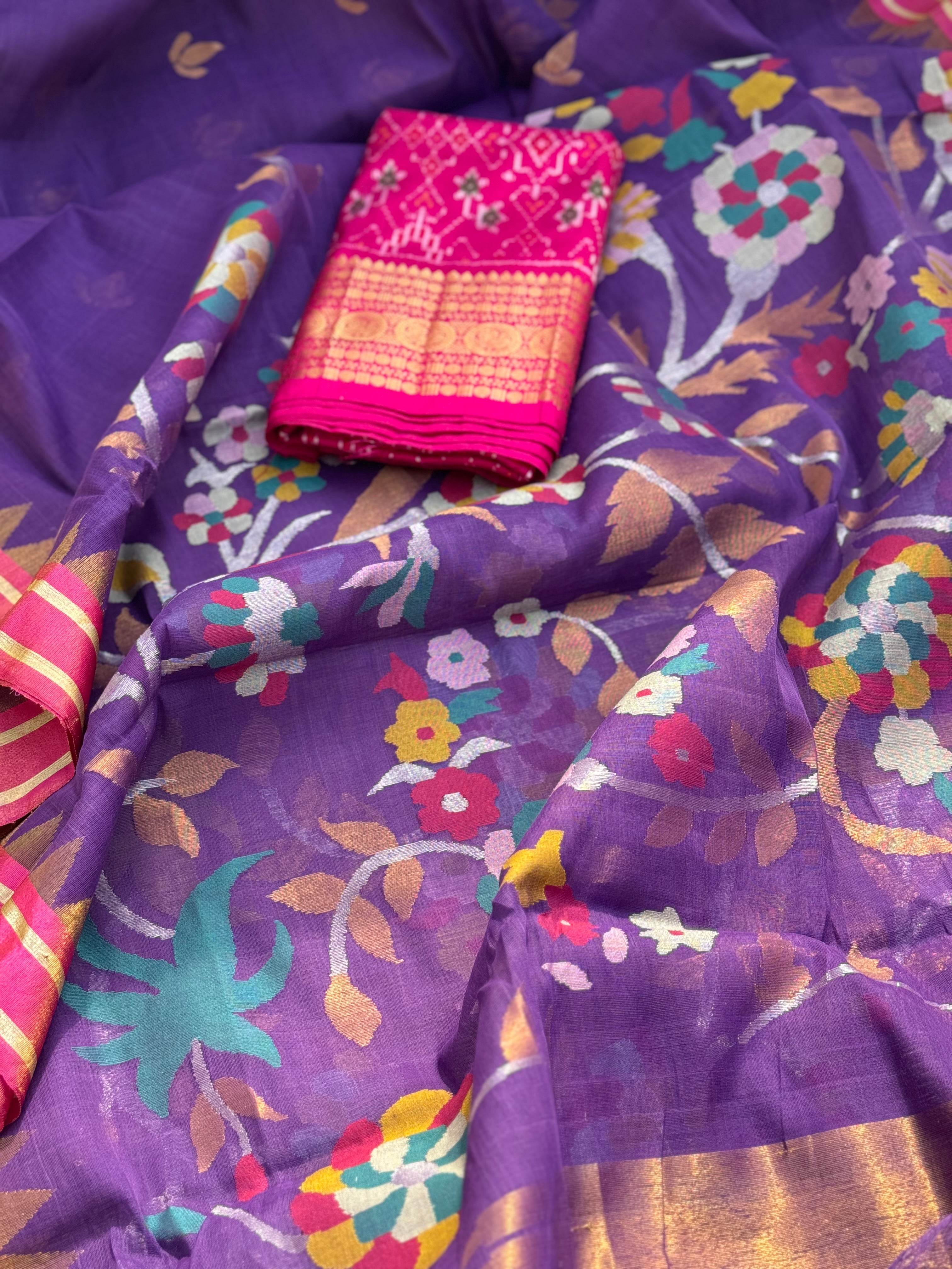Handspun Ponduru Khadi Jaal Jamdani Saree in purple shade with pallu and blouse full jaal