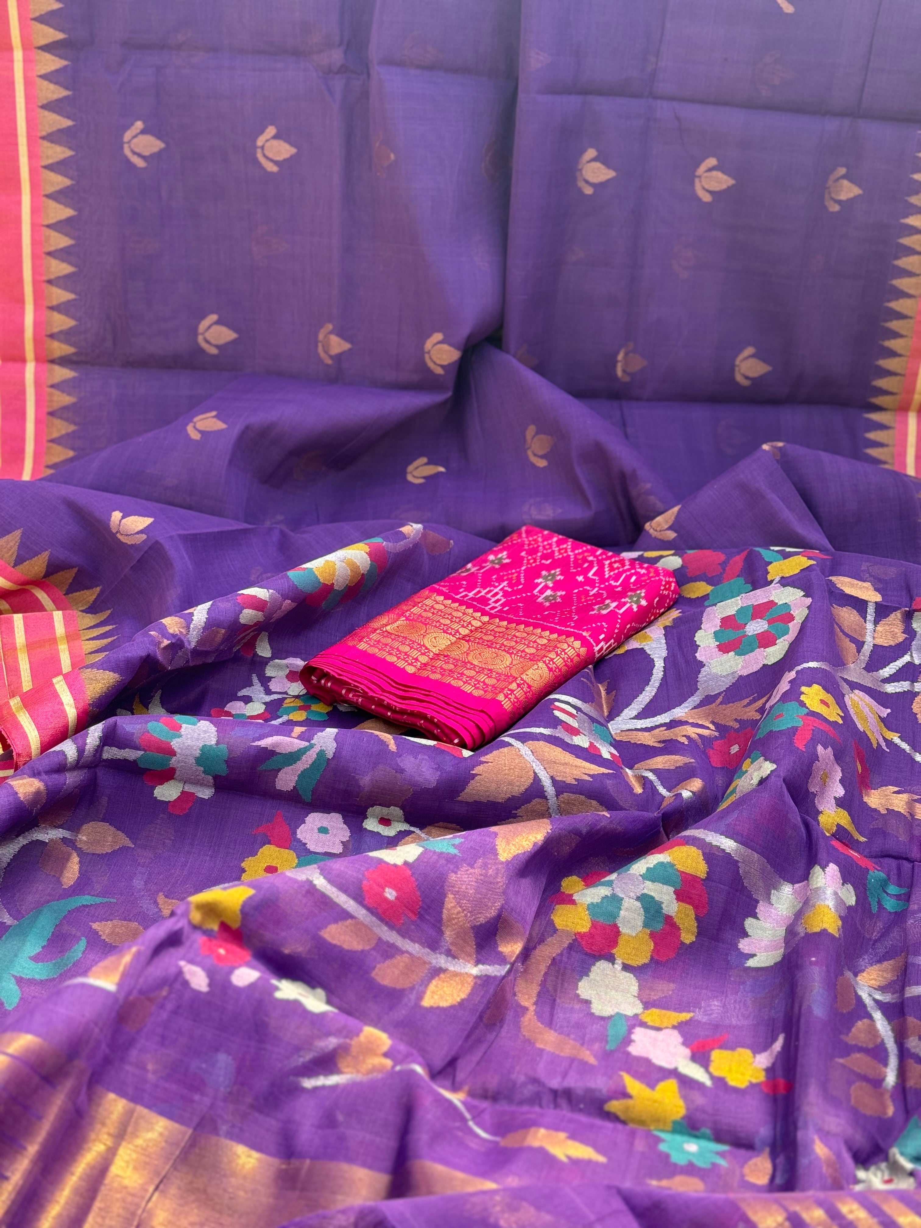 Handspun Ponduru Khadi Jaal Jamdani Saree in purple shade with pallu and blouse full jaal