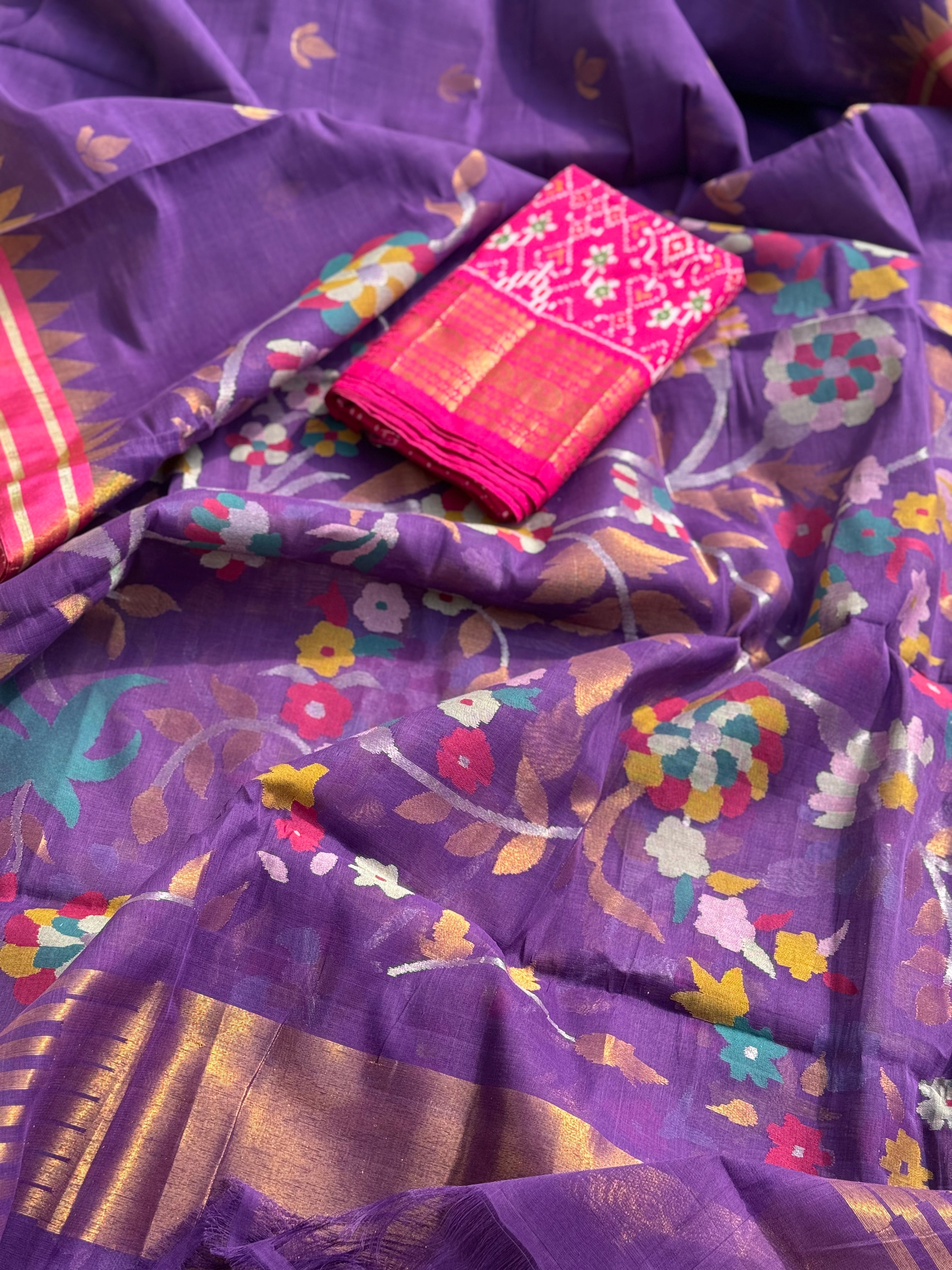 Handspun Ponduru Khadi Jaal Jamdani Saree in purple shade with pallu and blouse full jaal