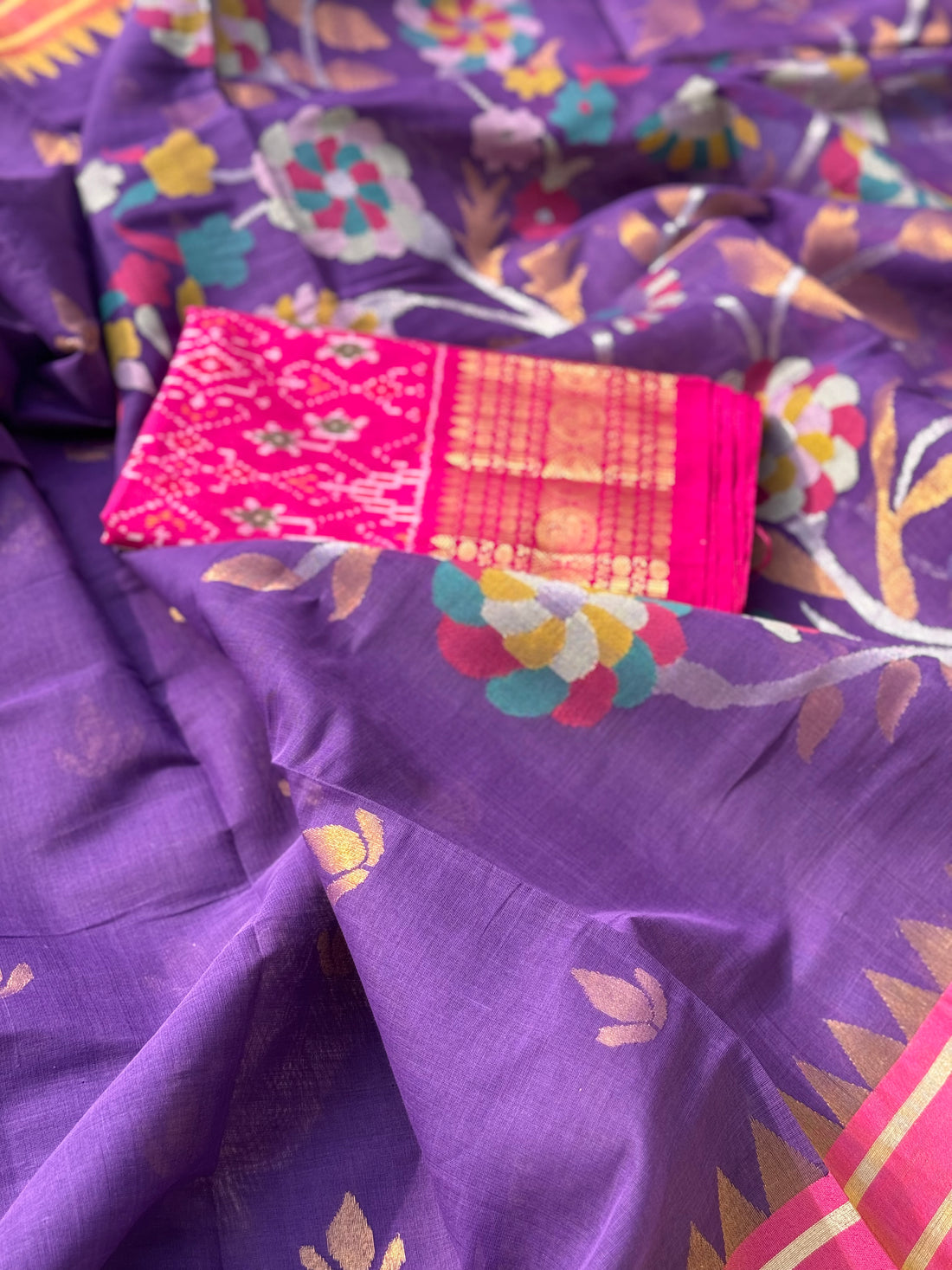 Handspun Ponduru Khadi Jaal Jamdani Saree in purple shade with pallu and blouse full jaal