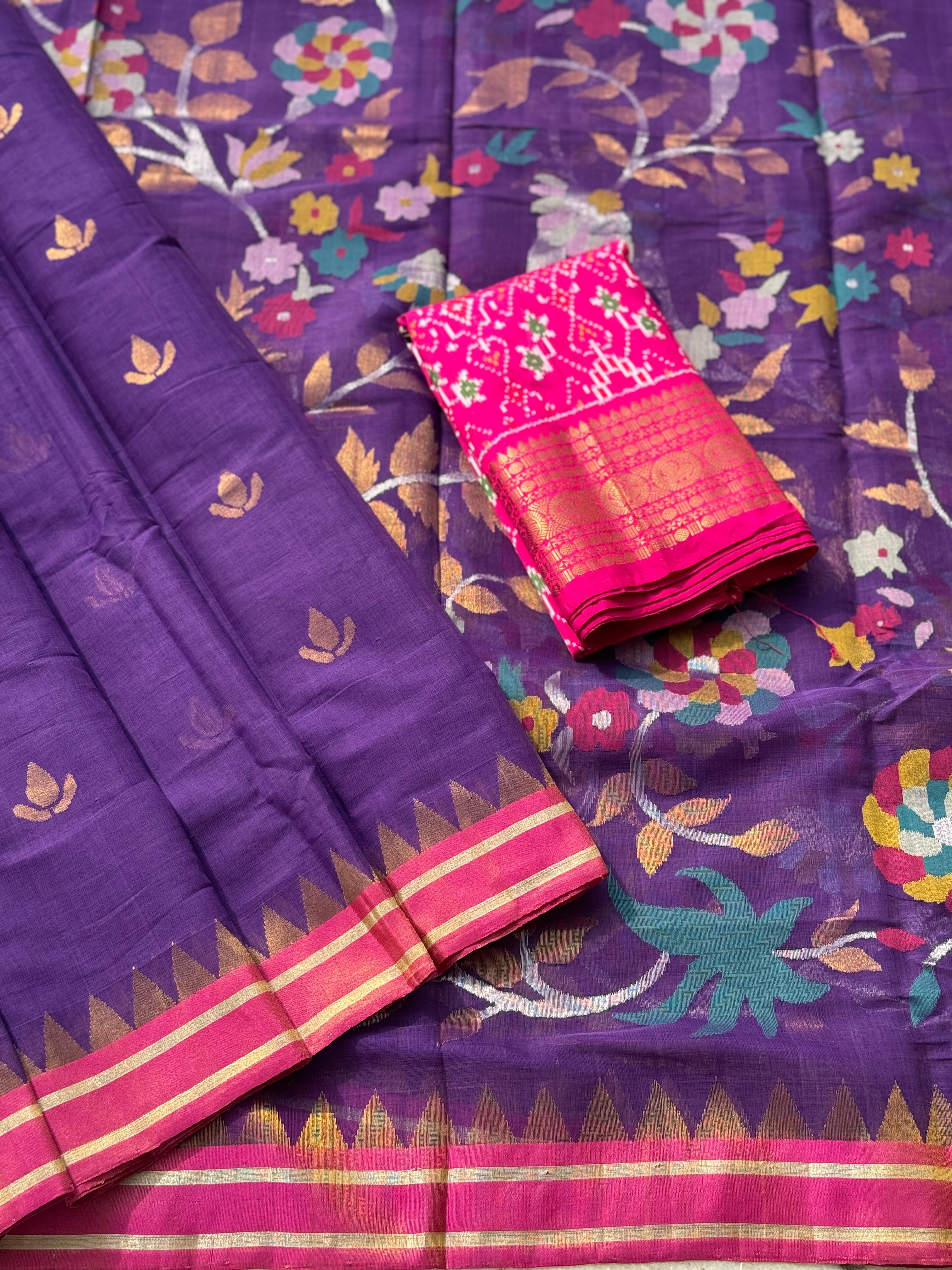 Handspun Ponduru Khadi Jaal Jamdani Saree in purple shade with pallu and blouse full jaal