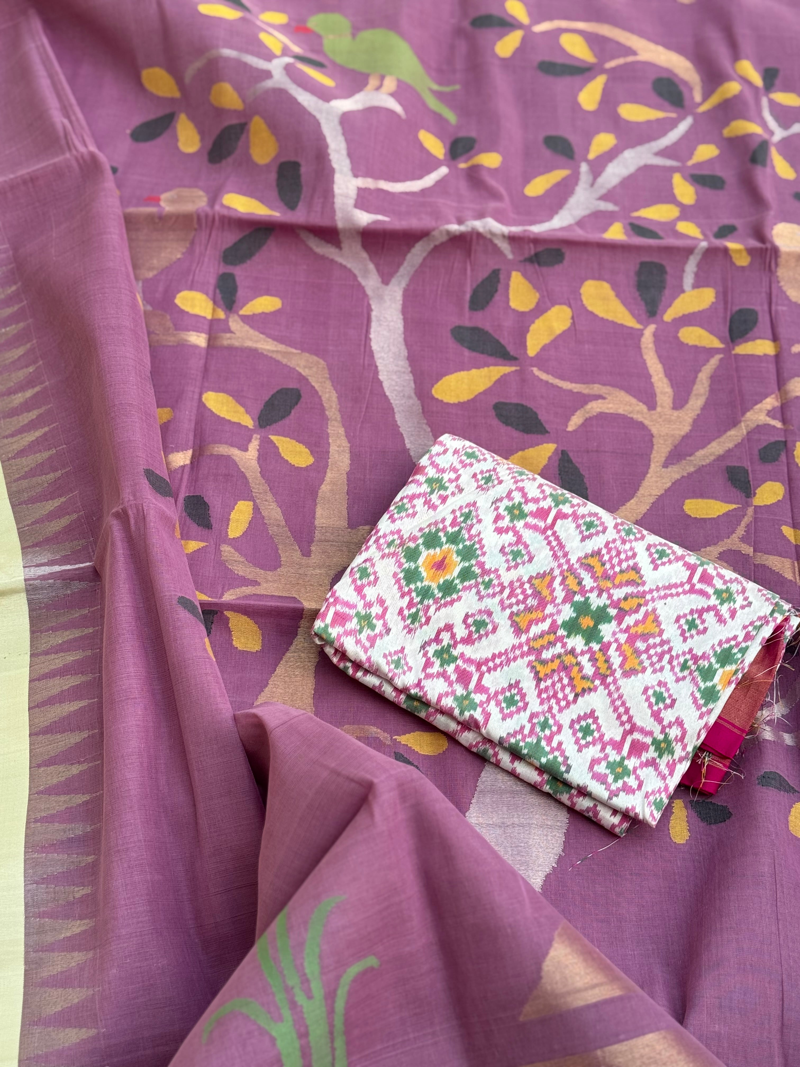 Handspun Ponduru Khadi Jaal Jamdani Saree in mauve purple