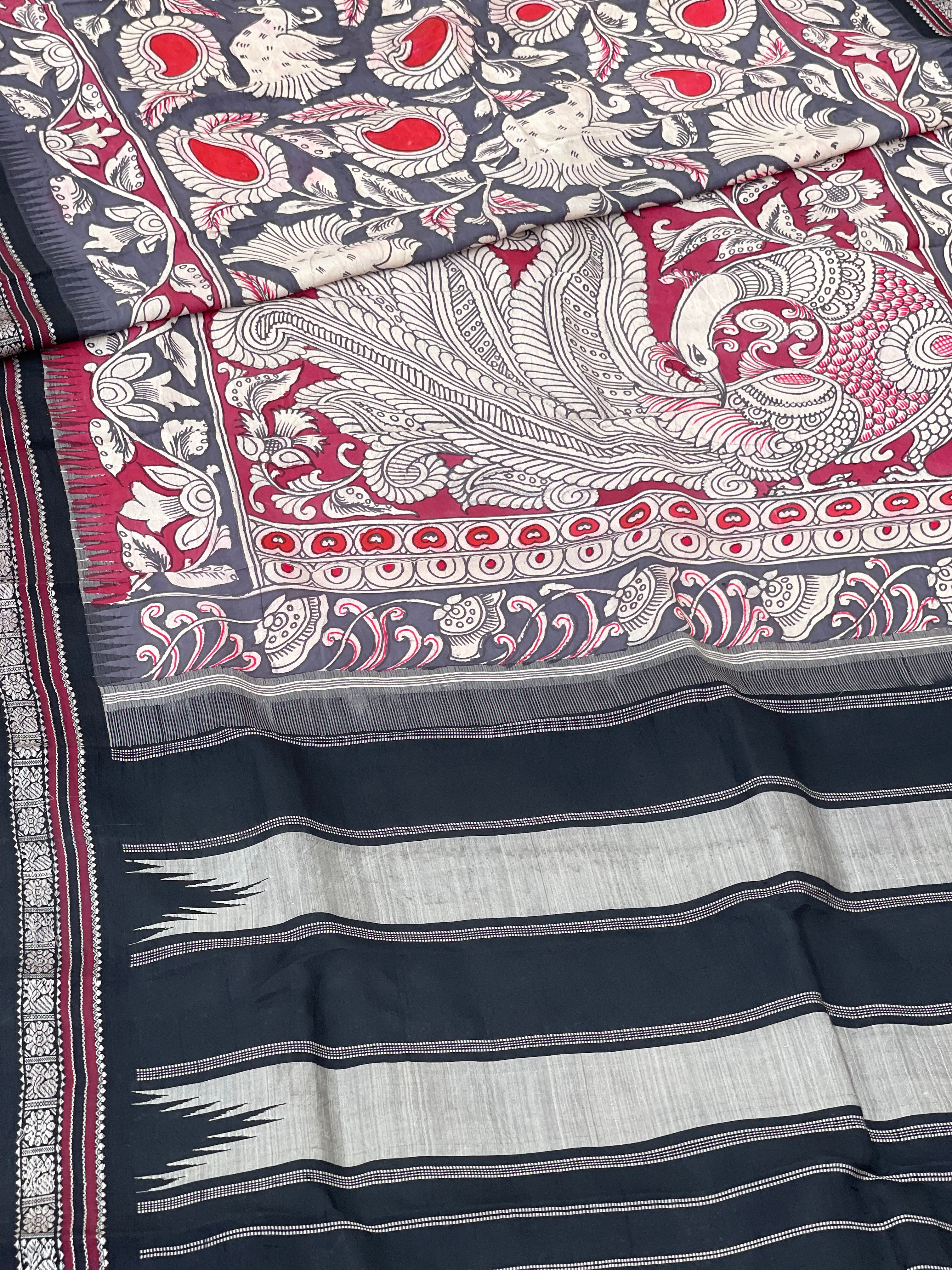 Handdrawn and Handpainted penkalamkari korvai threadwork kanchivaram silk saree