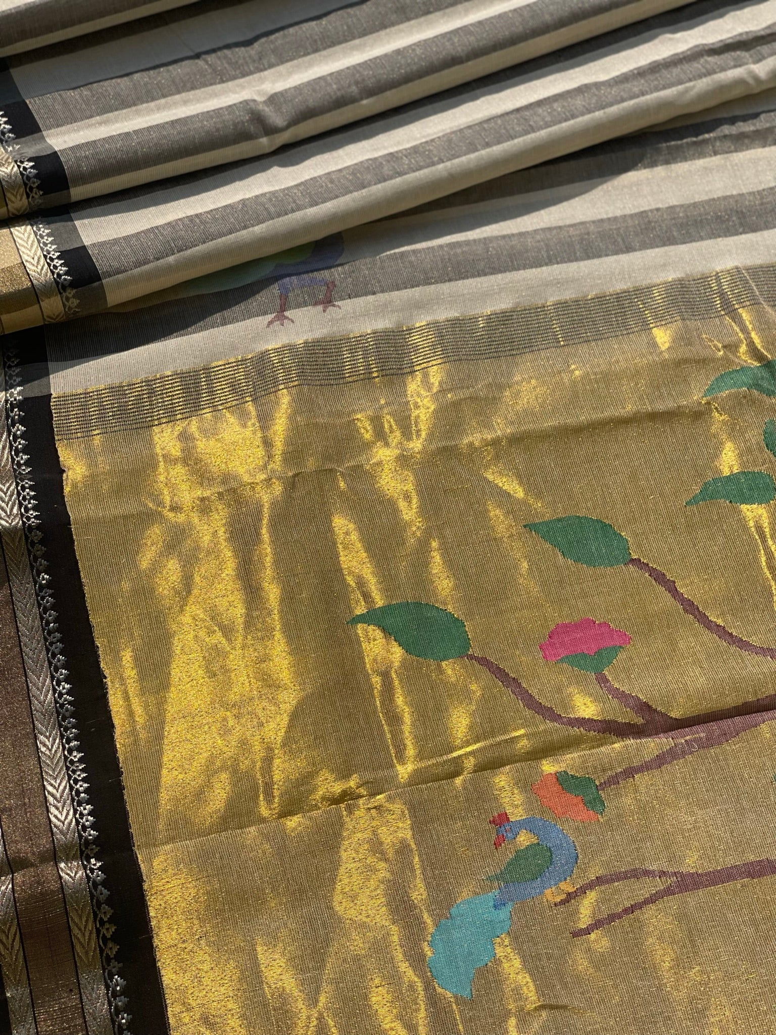 Paithani Cotton Saree With Zaristripes Body Tissue Paithani Pallu Kadiyal Border Saree