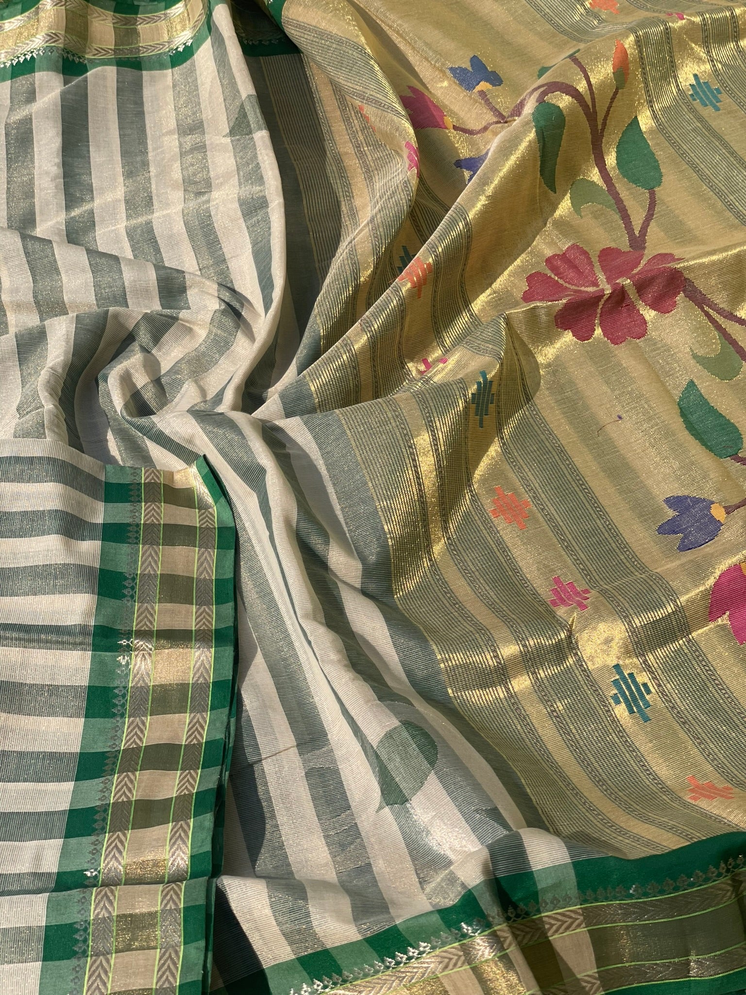 Paithani Cotton Saree With Zaristripes Body Tissue Paithani Pallu Kadiyal Border Saree