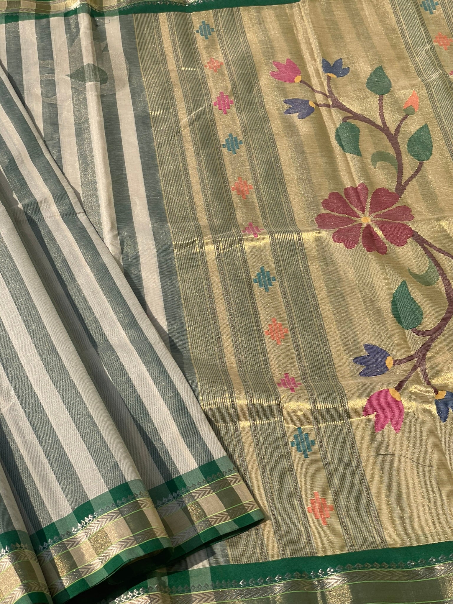 Paithani Cotton Saree With Zaristripes Body Tissue Paithani Pallu Kadiyal Border Saree