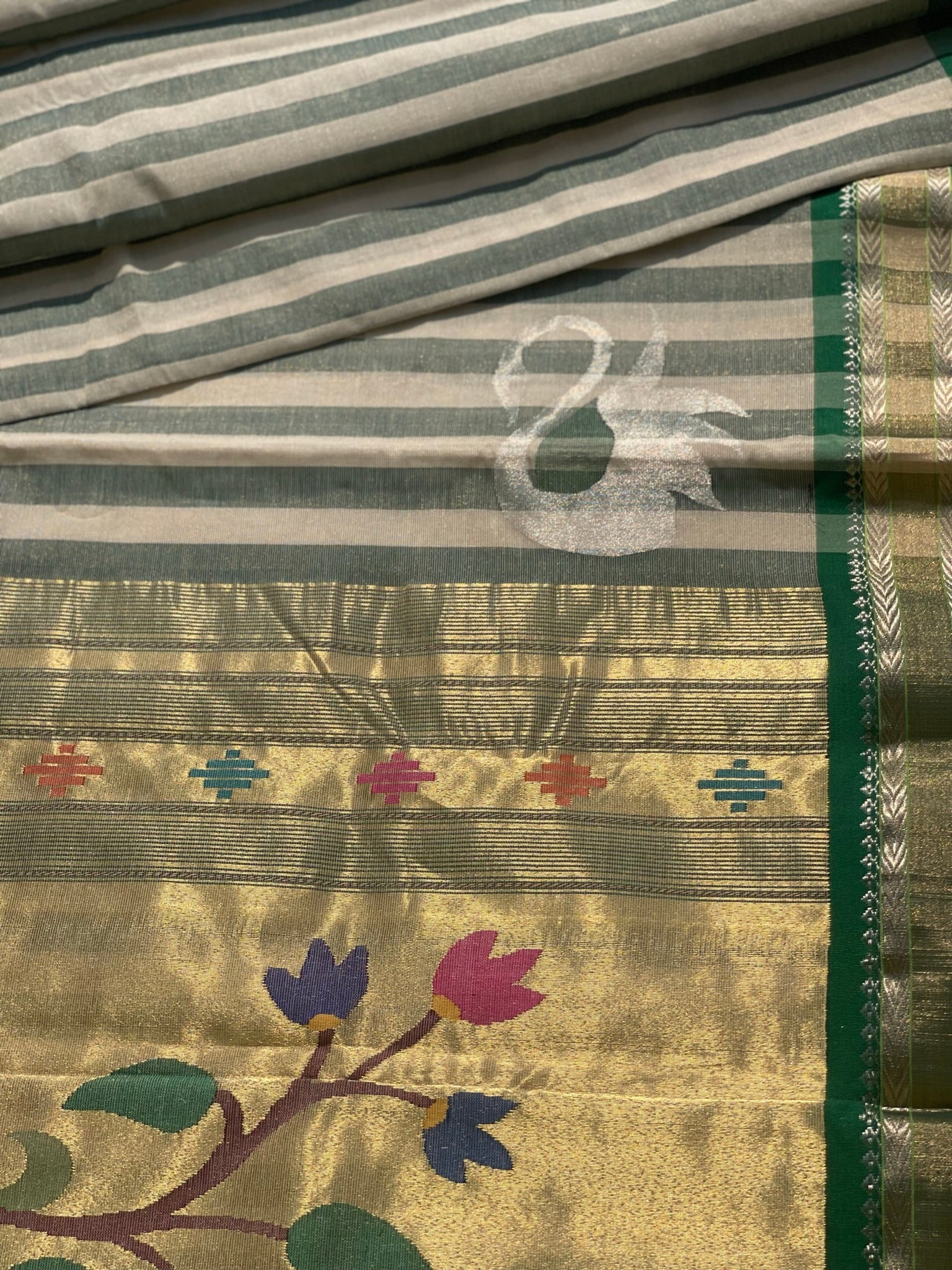Paithani Cotton Saree With Zaristripes Body Tissue Paithani Pallu Kadiyal Border Saree