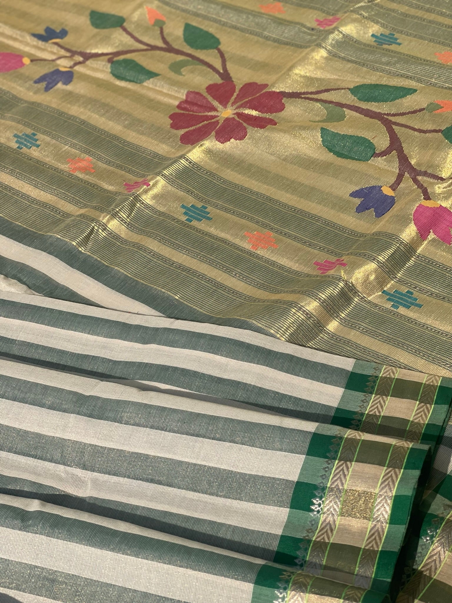 Paithani Cotton Saree With Zaristripes Body Tissue Paithani Pallu Kadiyal Border Saree