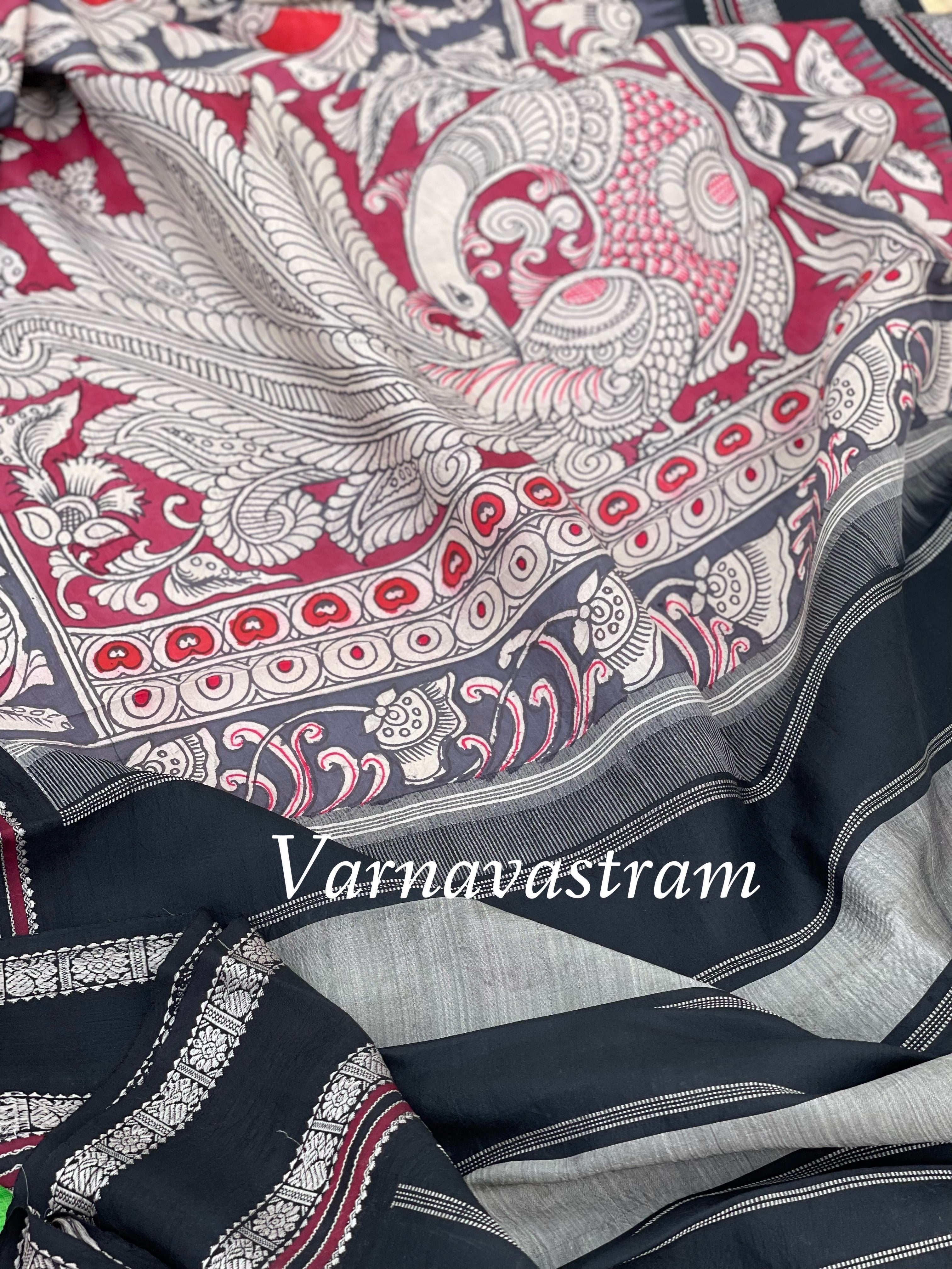 Handdrawn and Handpainted penkalamkari korvai threadwork kanchivaram silk saree