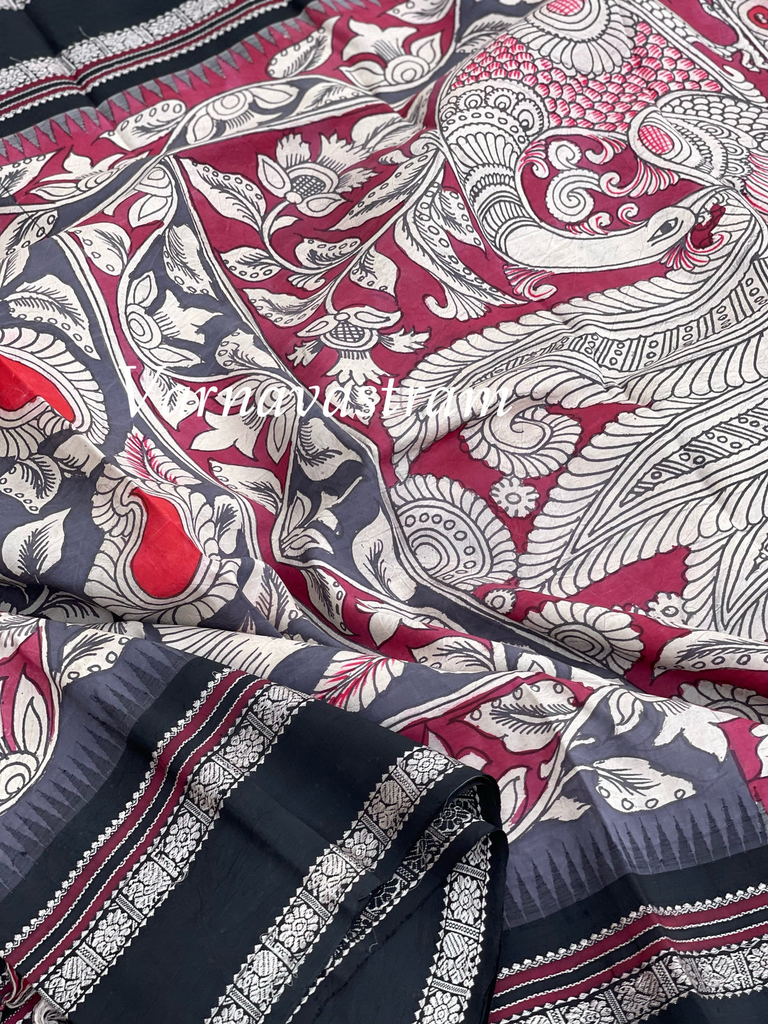 Handdrawn and Handpainted penkalamkari korvai threadwork kanchivaram silk saree