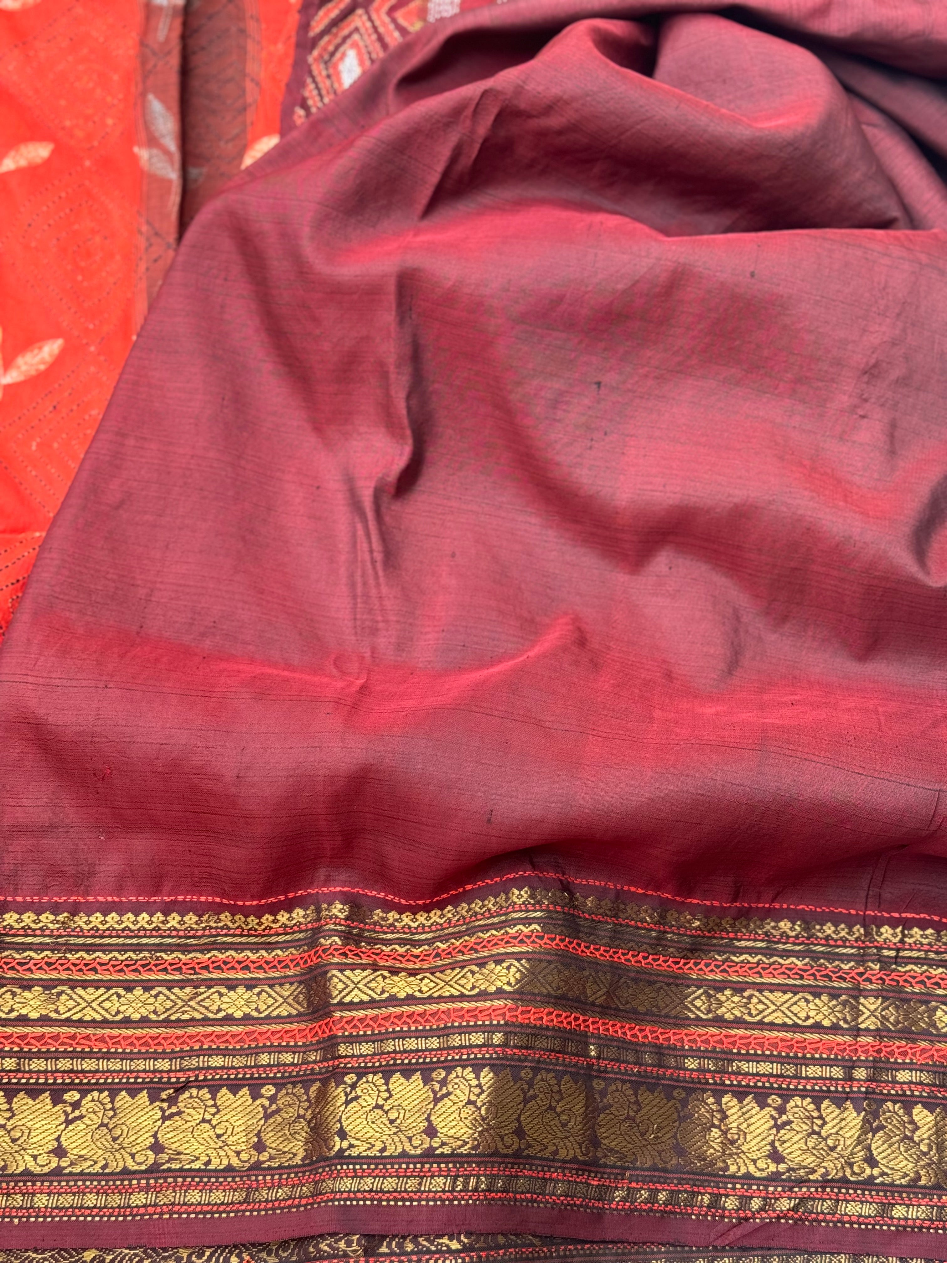 Tangerine Orange shade NUI Shibori korvai kanchivaram silk with Katha work