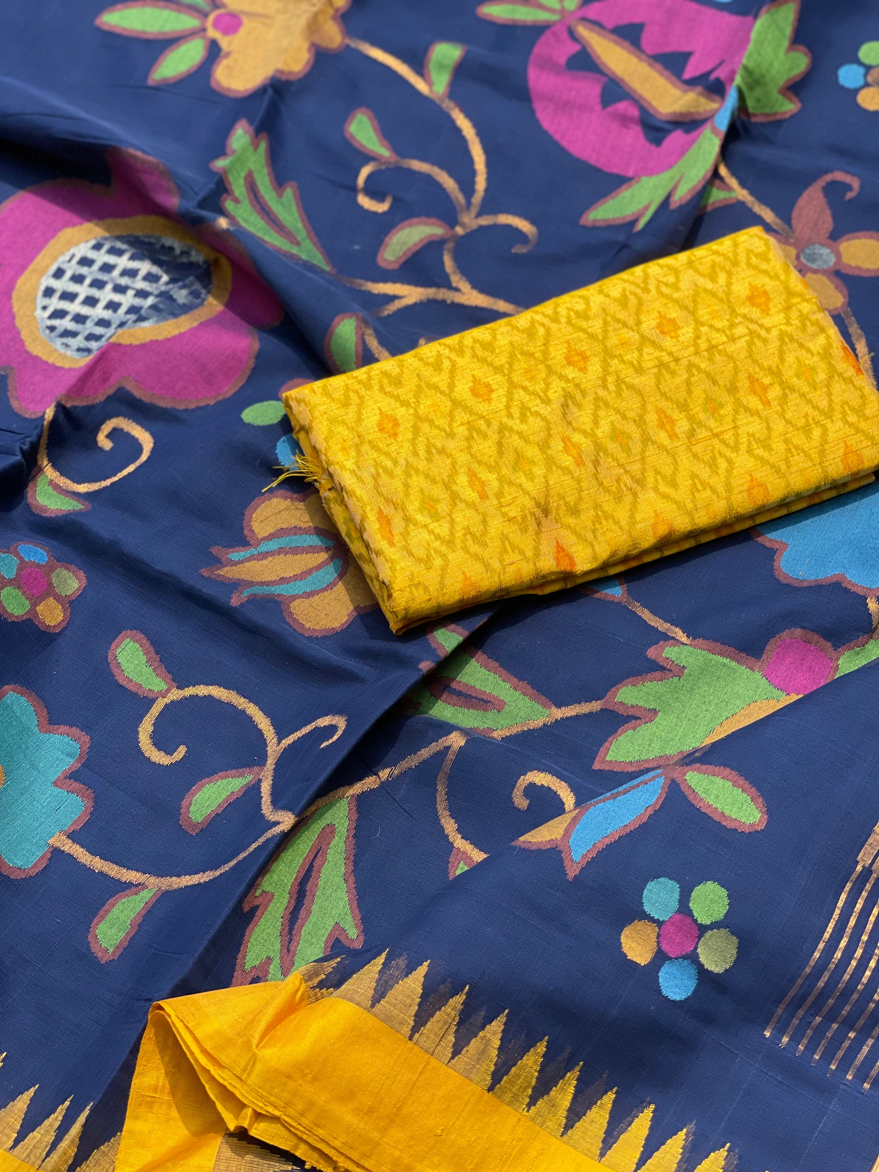 Deep Navy blue with yellow Ponduru khadi Jamdani cotton saree