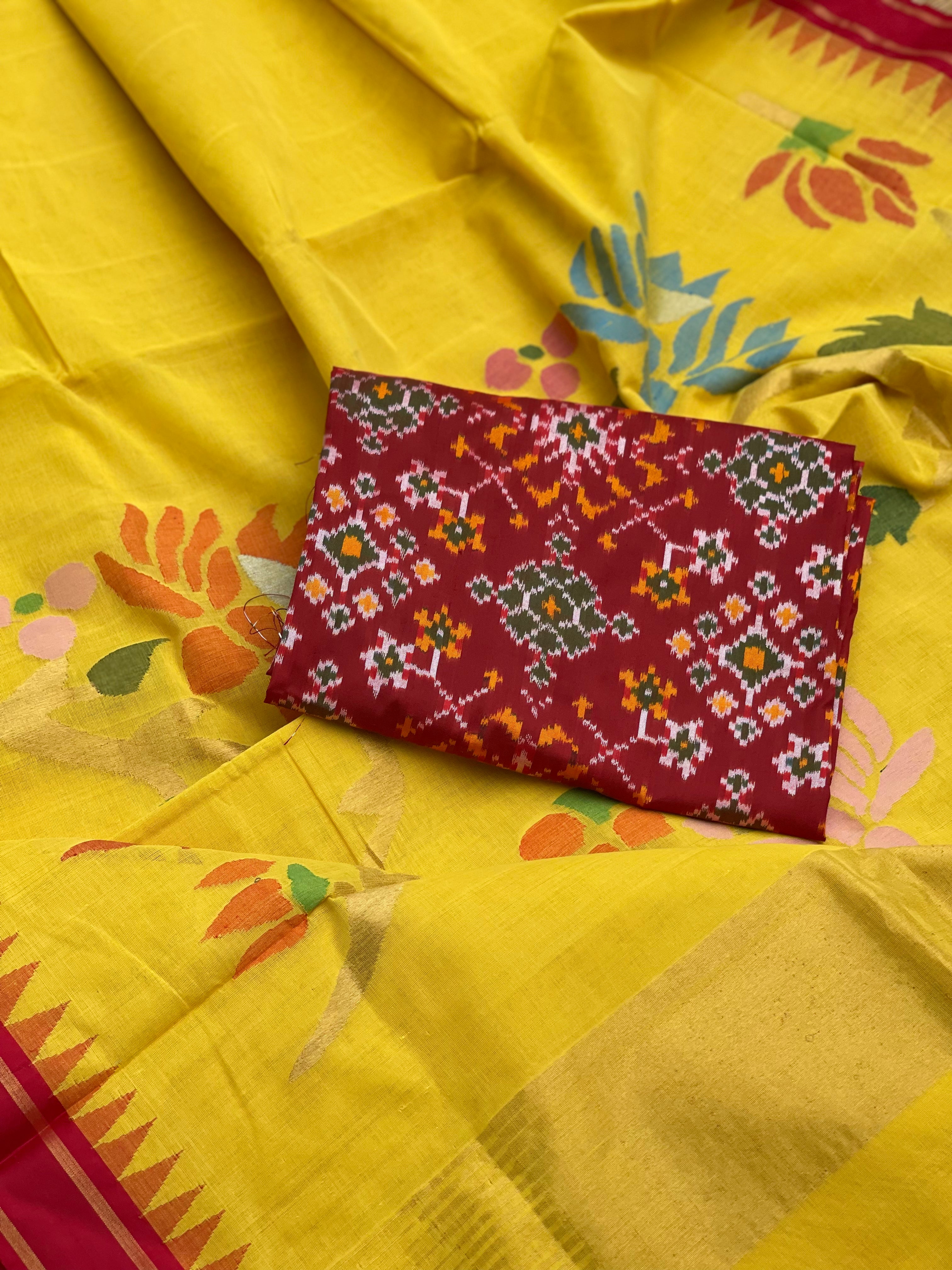 A gorgeous Canary Yellow Ponduru khadi Jaal Jamdani cotton saree