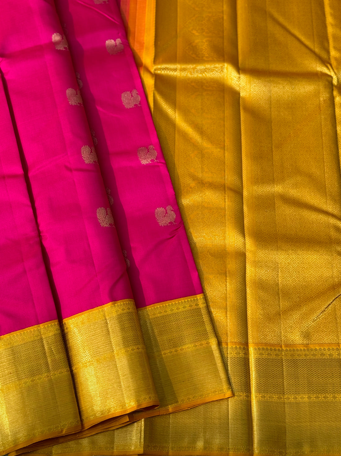 KADHAMBAM- The stunner pattu rose pink with oil mustard yellow korvai kanchivaram silk saree