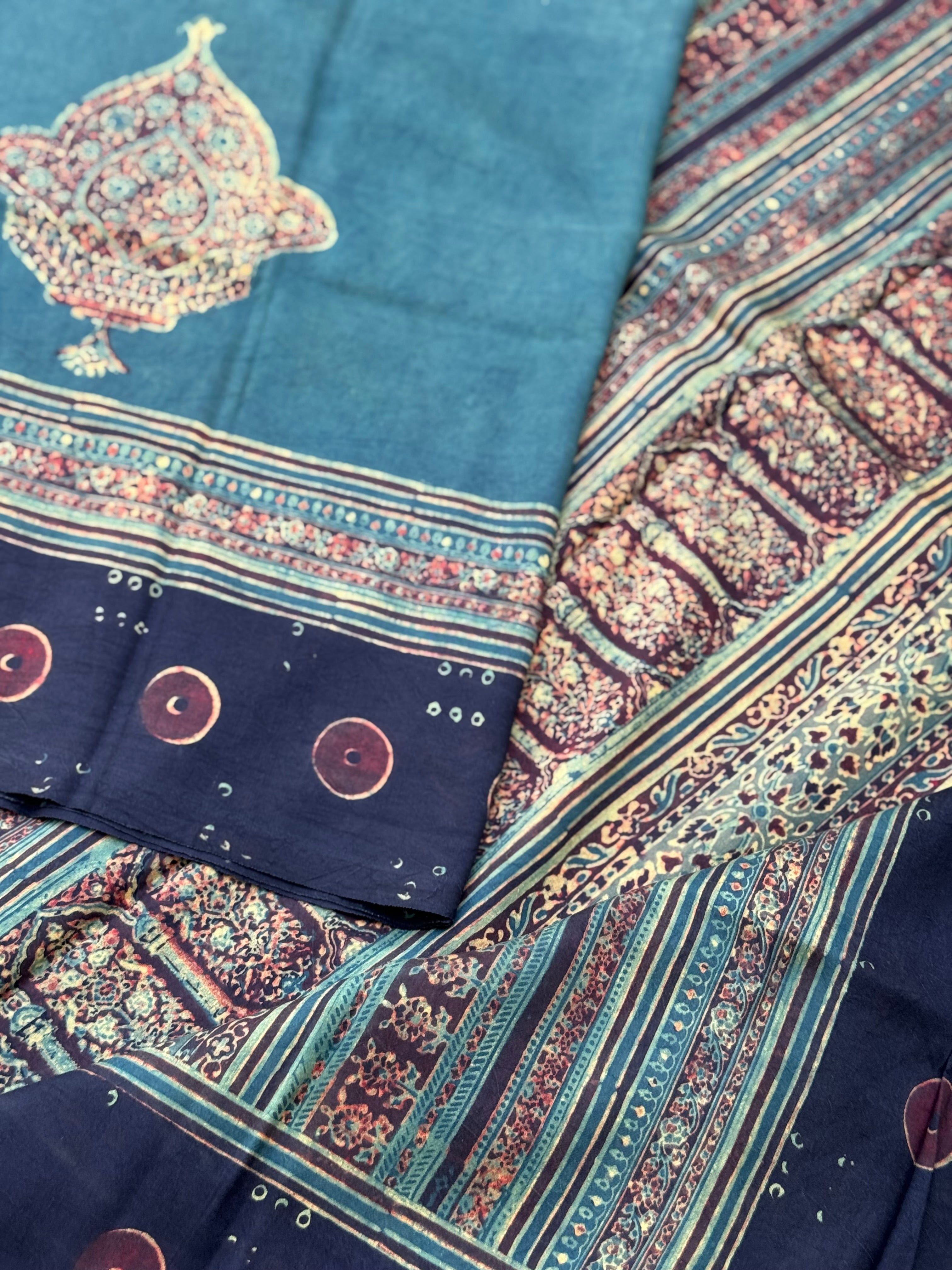 Natural Dyed Ajrakh Double Resist Persian Block printed mulberry Silk Saree