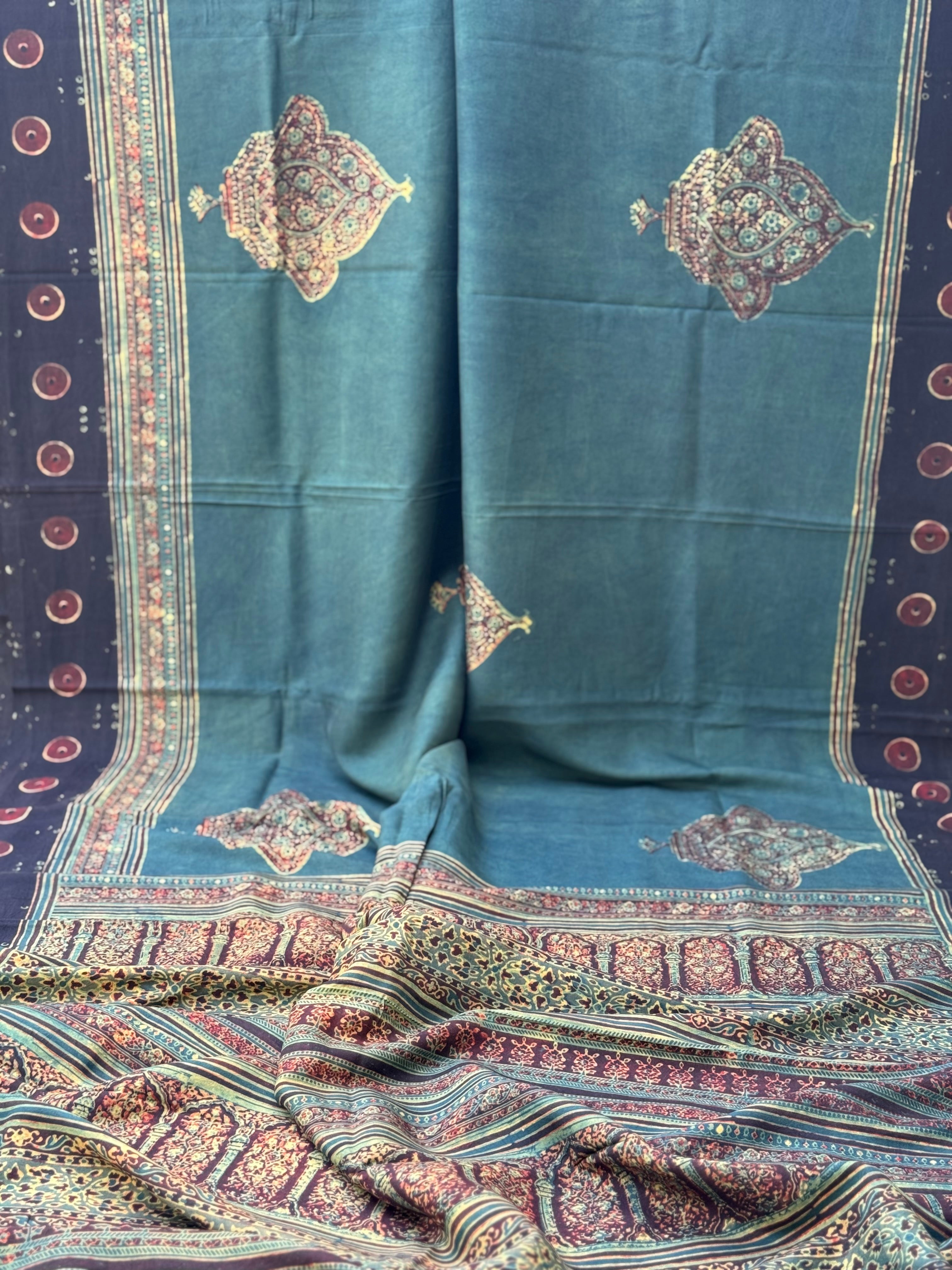 Natural Dyed Ajrakh Double Resist Persian Block printed mulberry Silk Saree
