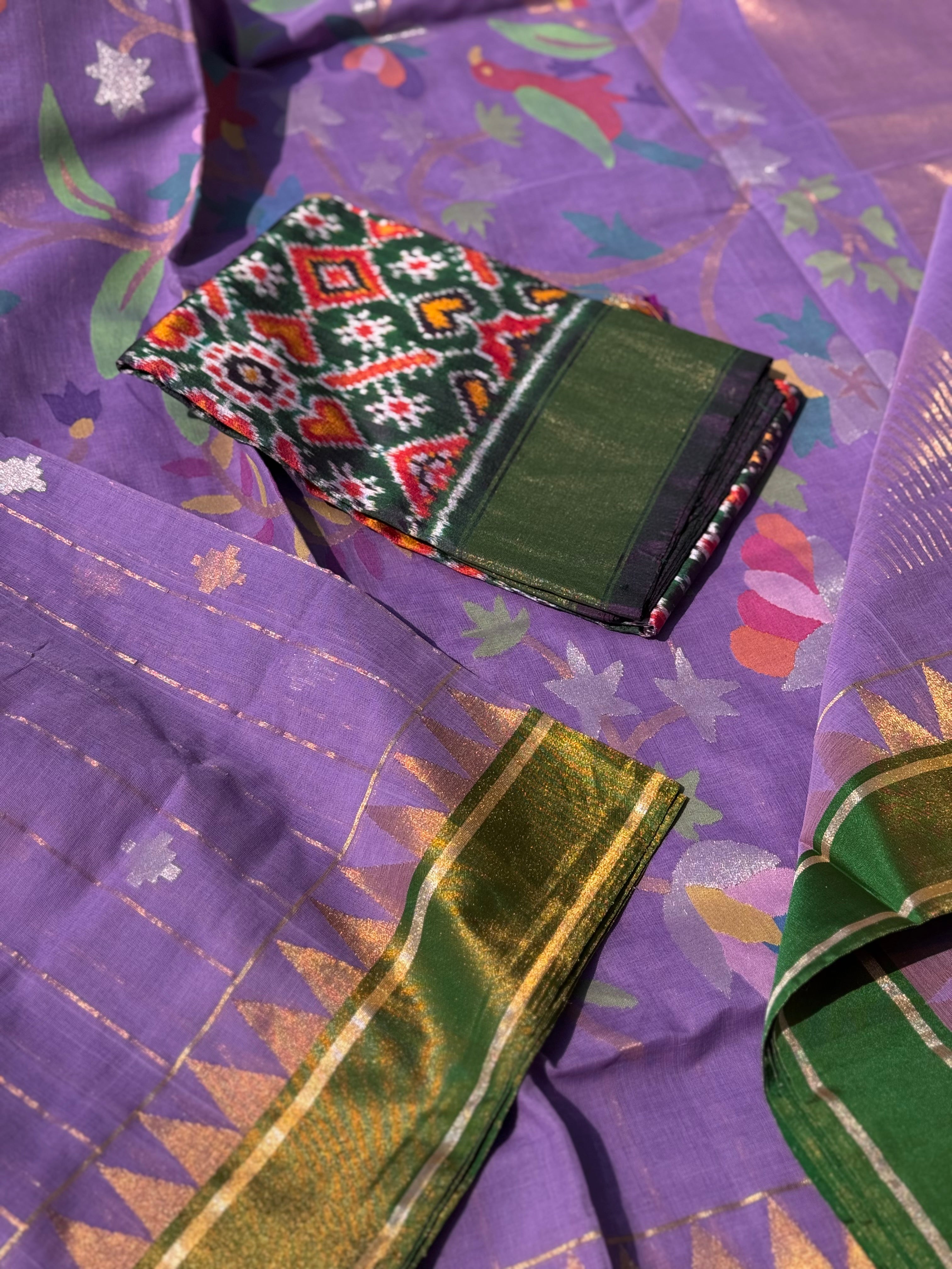 Purple with green stripes and motifs ponduru Khadhi jamdani saree