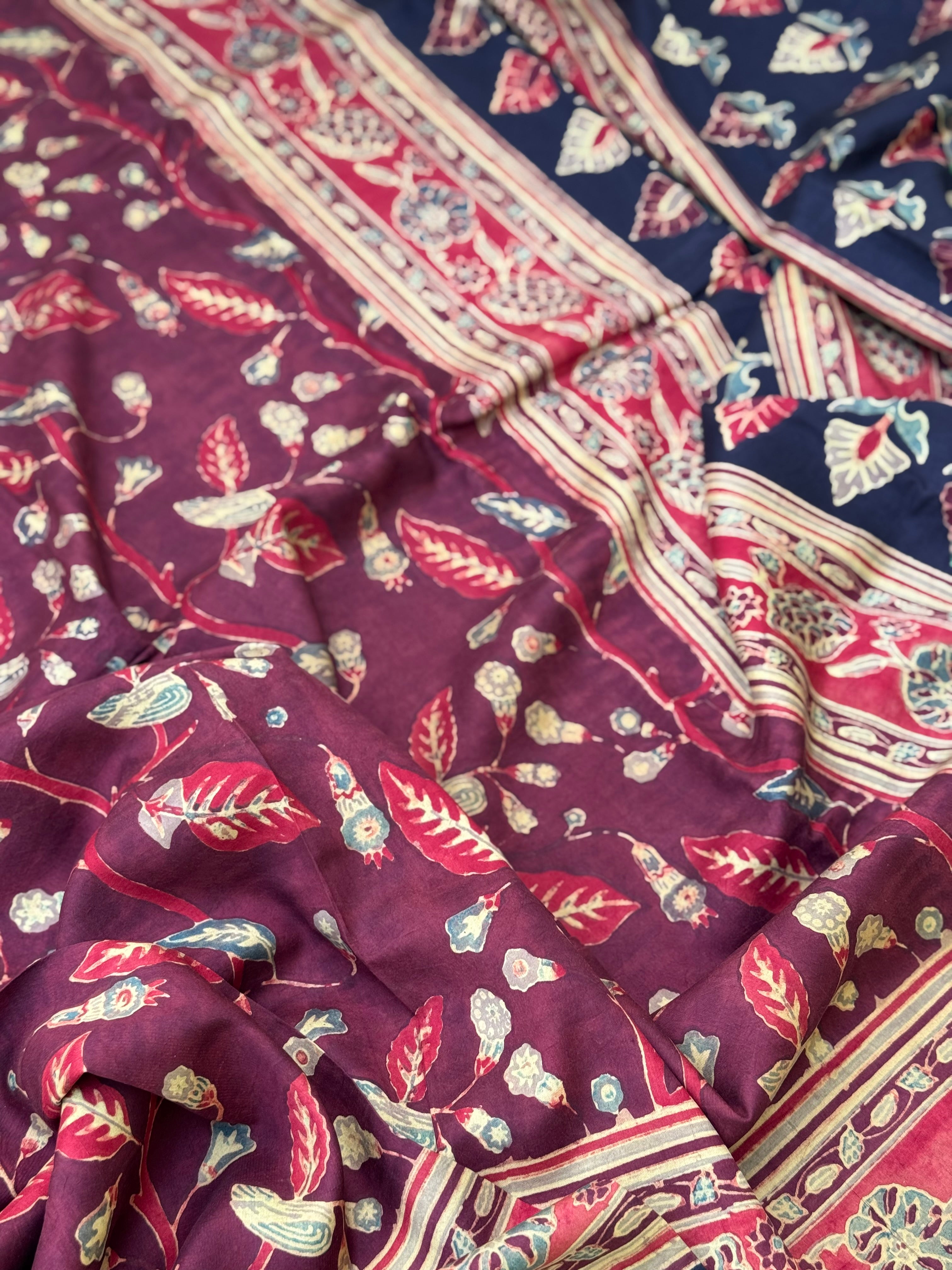 Natural Dyed Ajrakh Double Resist floral Block printed mulberry Silk Saree