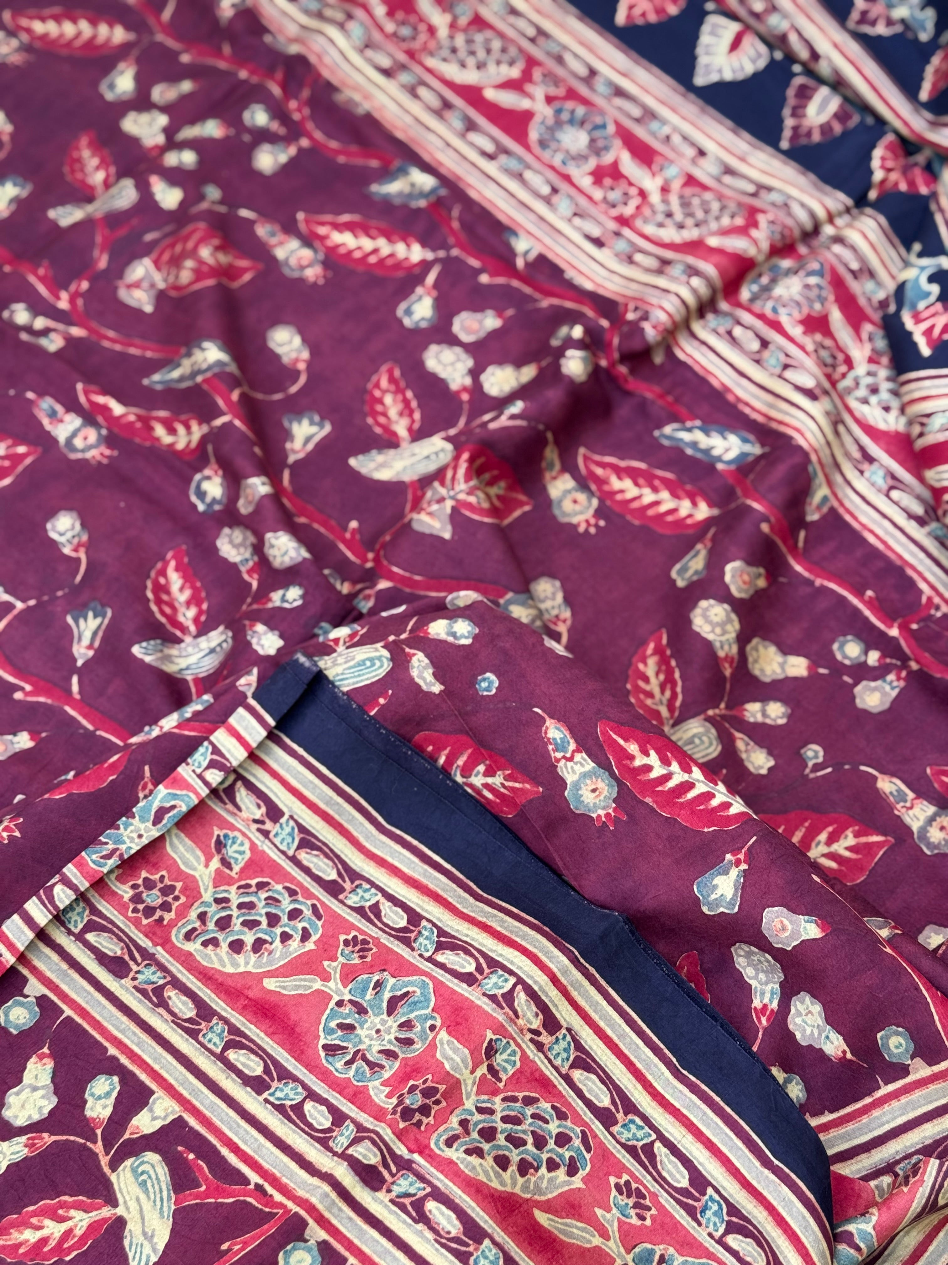 Natural Dyed Ajrakh Double Resist floral Block printed mulberry Silk Saree