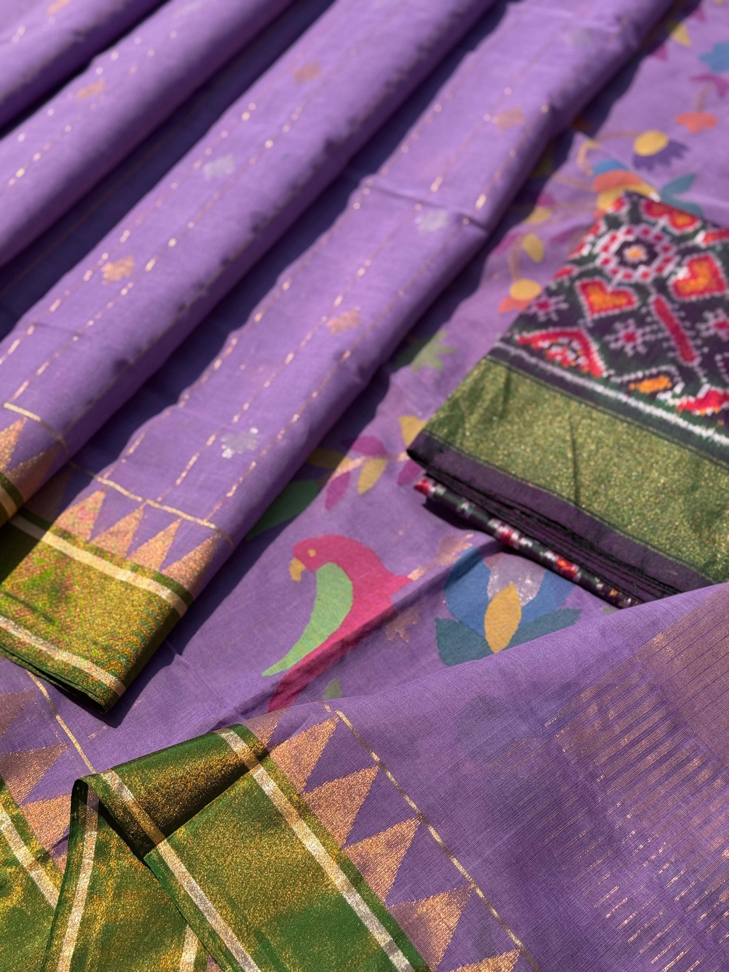 Purple with green stripes and motifs ponduru Khadhi jamdani saree