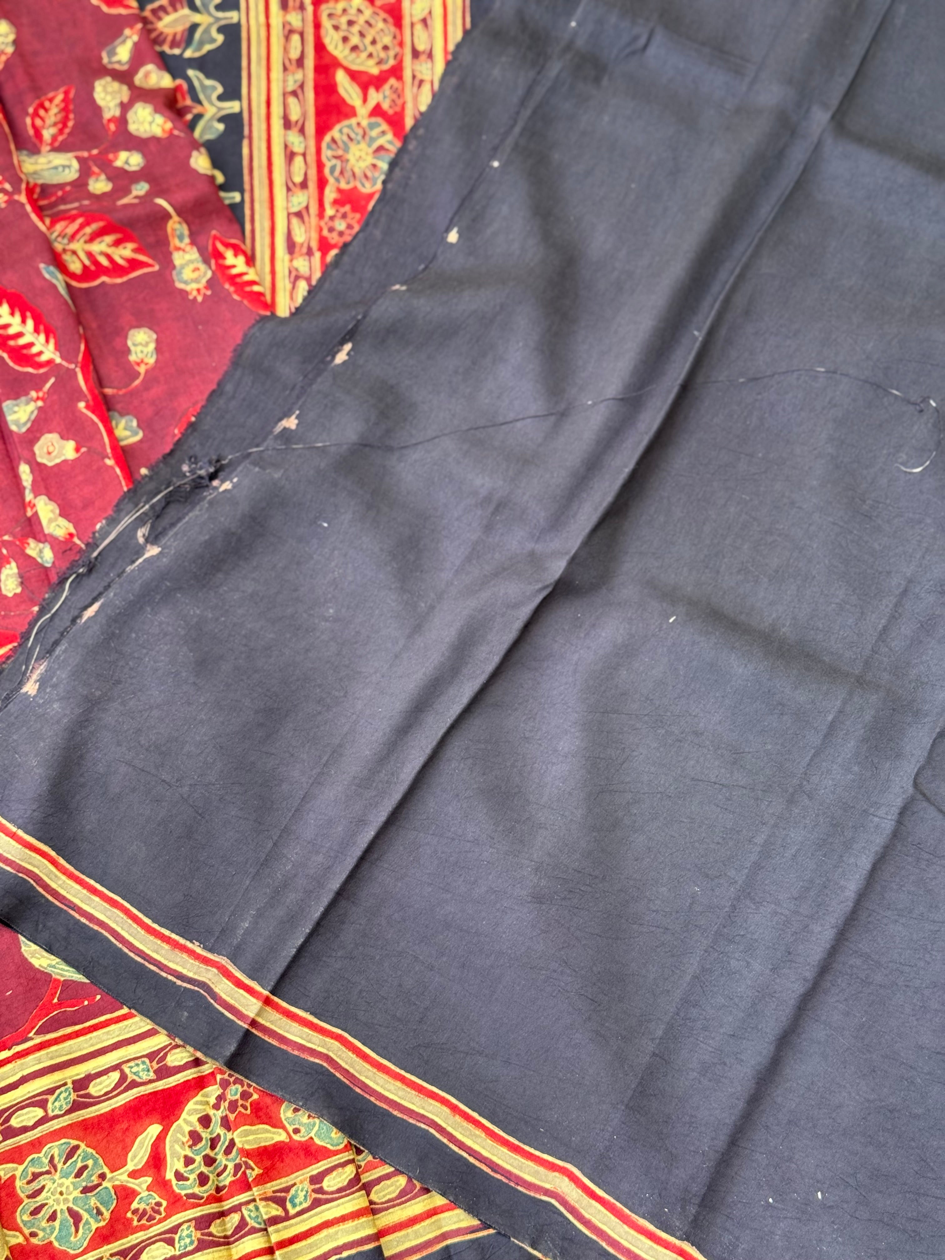 Natural Dyed Ajrakh Double Resist floral Block printed mulberry Silk Saree