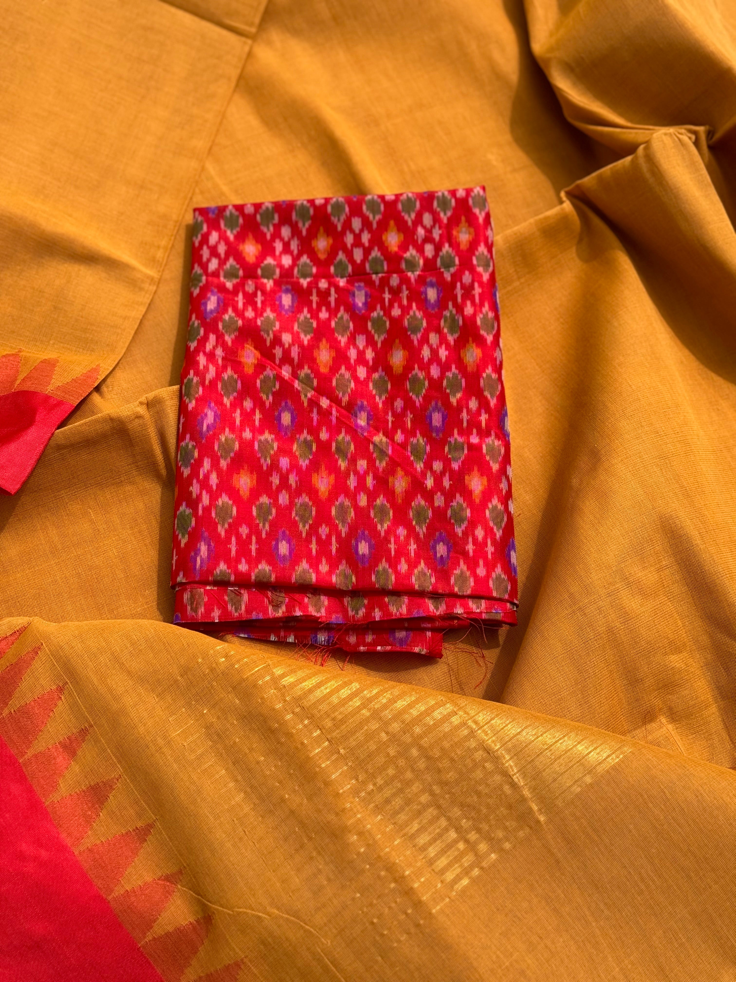 Handspun Ponduru Khadi cotton saree with temple woven contrast silk red border