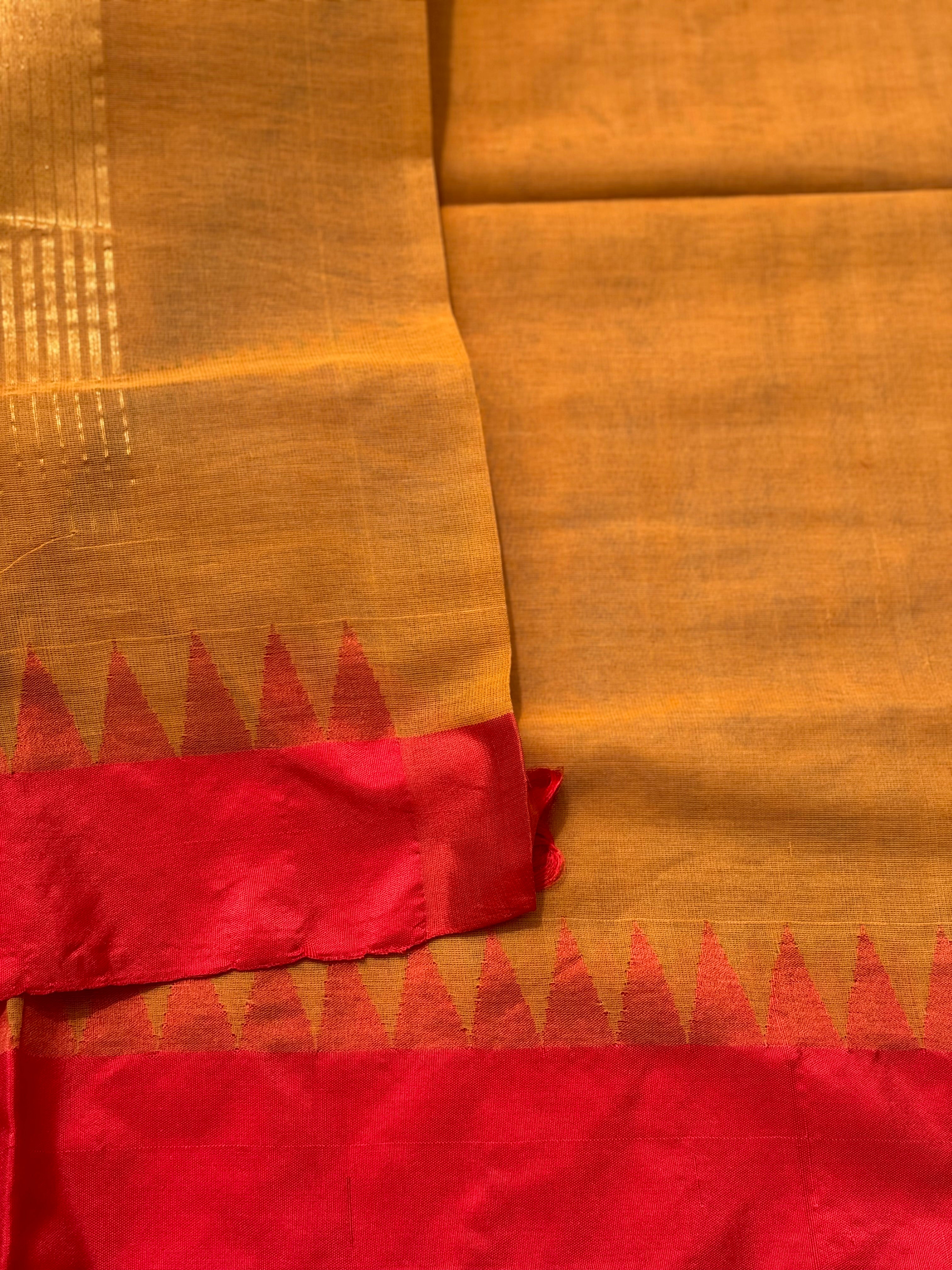 Handspun Ponduru Khadi cotton saree with temple woven contrast silk red border