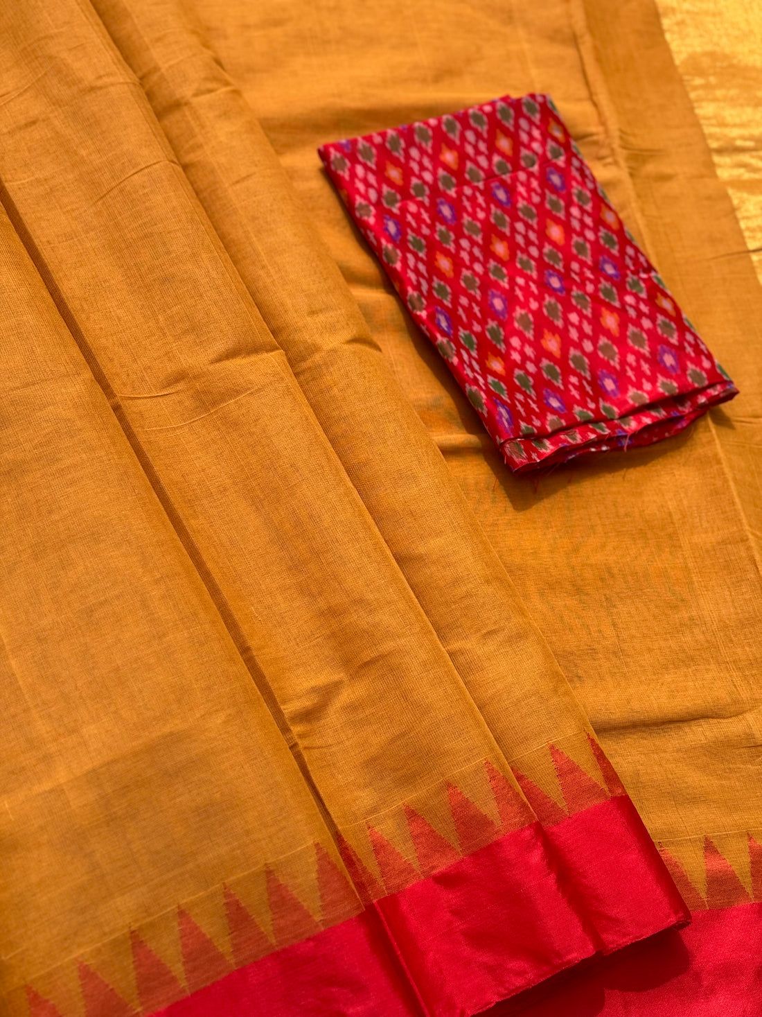 Handspun Ponduru Khadi cotton saree with temple woven contrast silk red border