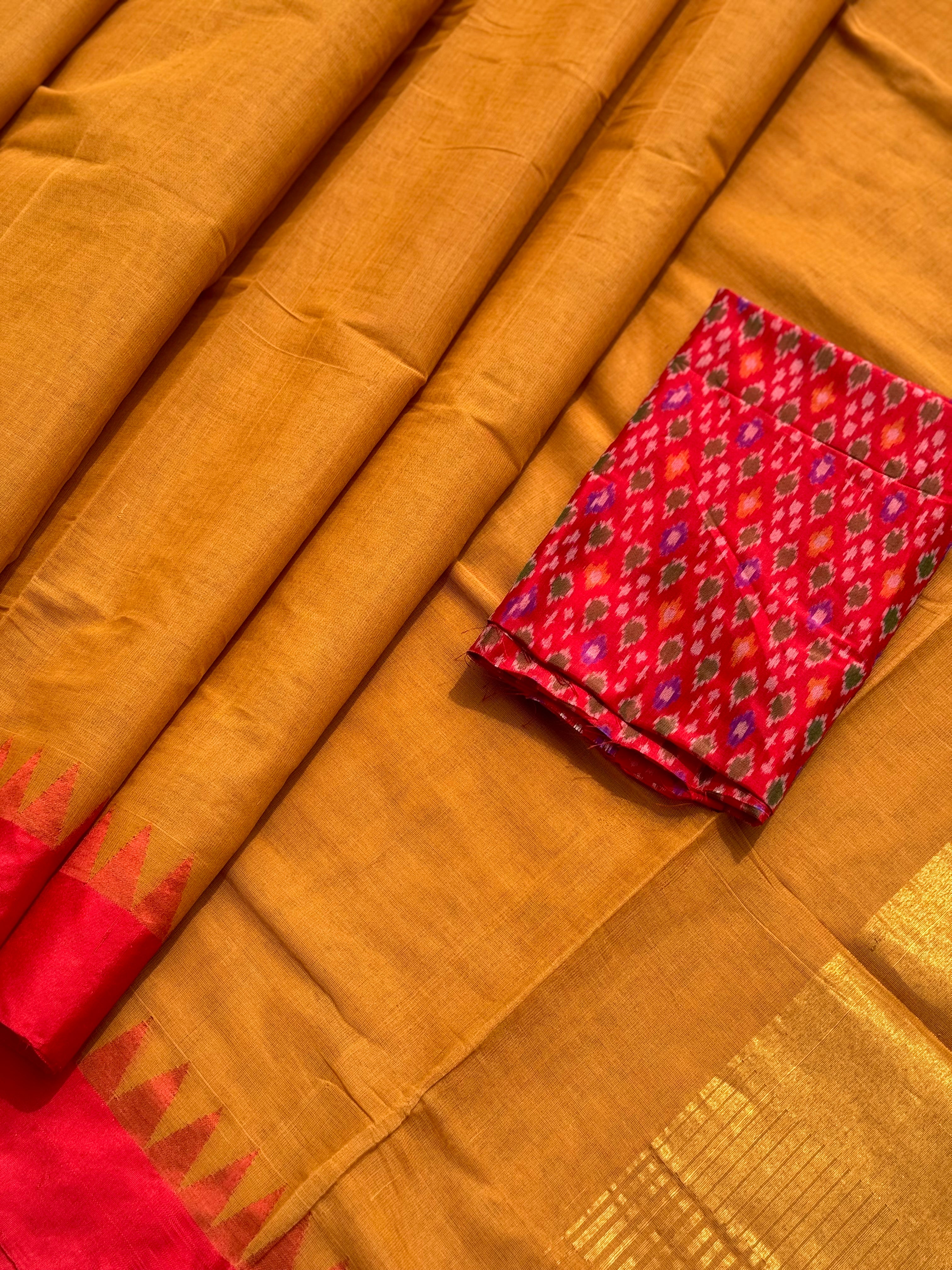 Handspun Ponduru Khadi cotton saree with temple woven contrast silk red border