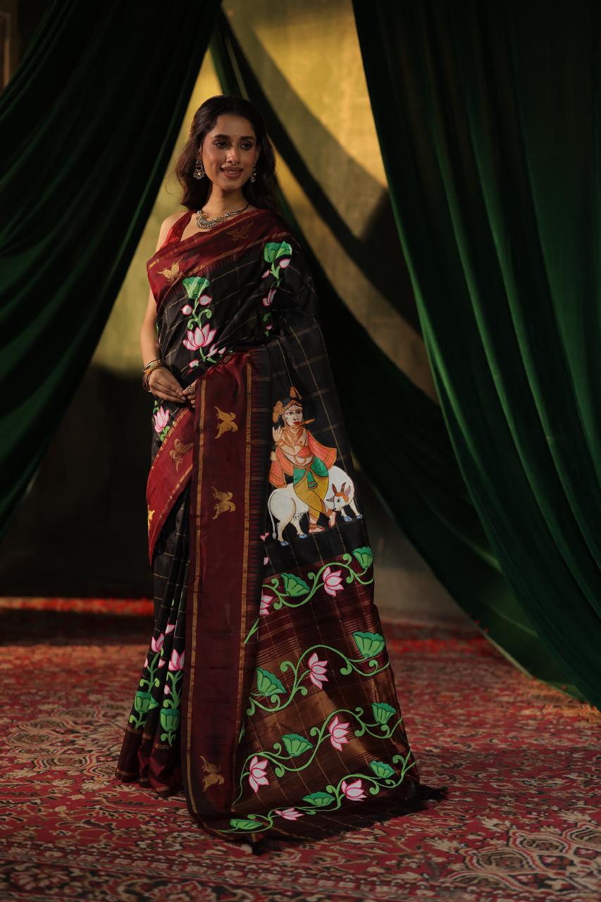 A double kili beetu butta kanchivaram silk saree with handpainted Pichwai pallu and border