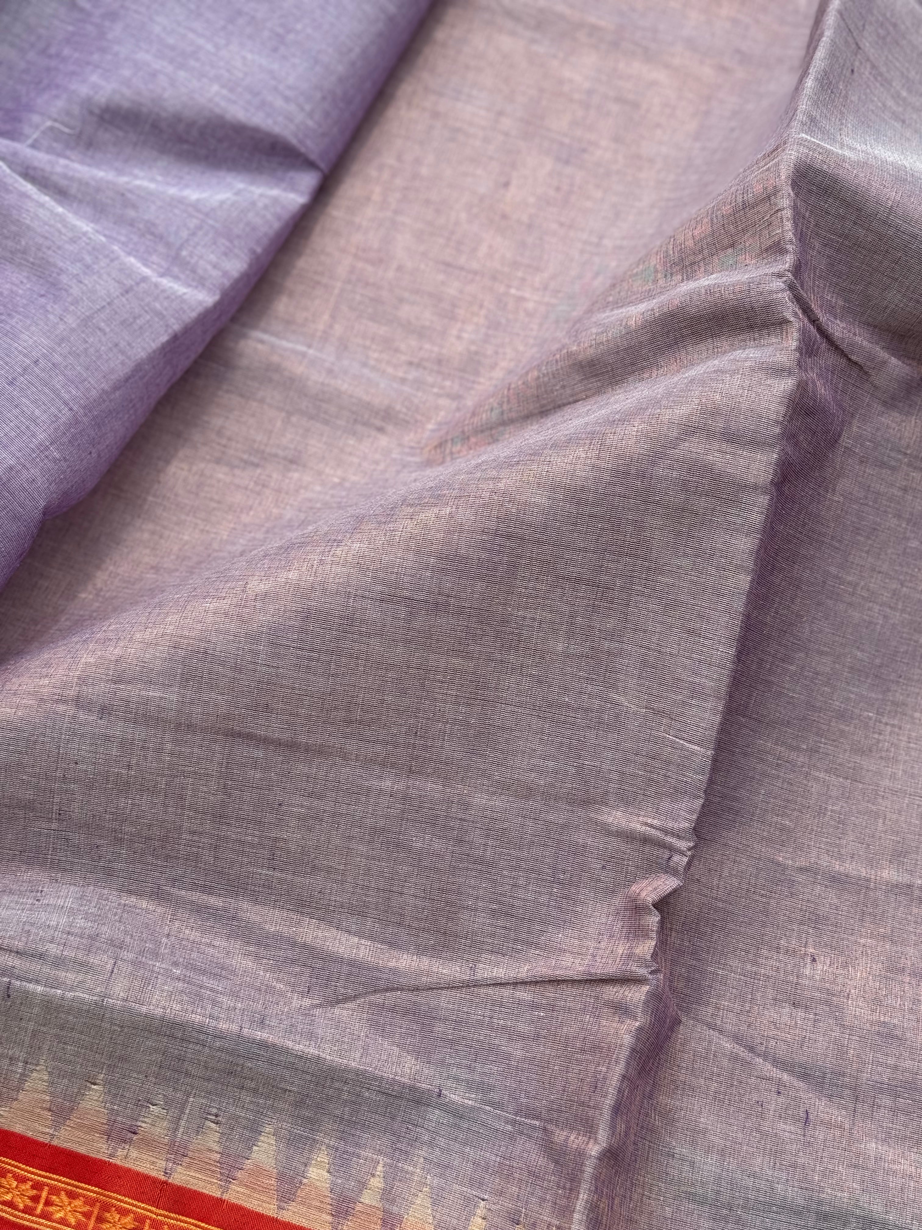 Handspun Ponduru Khadi cotton saree with temple woven contrast silk red border