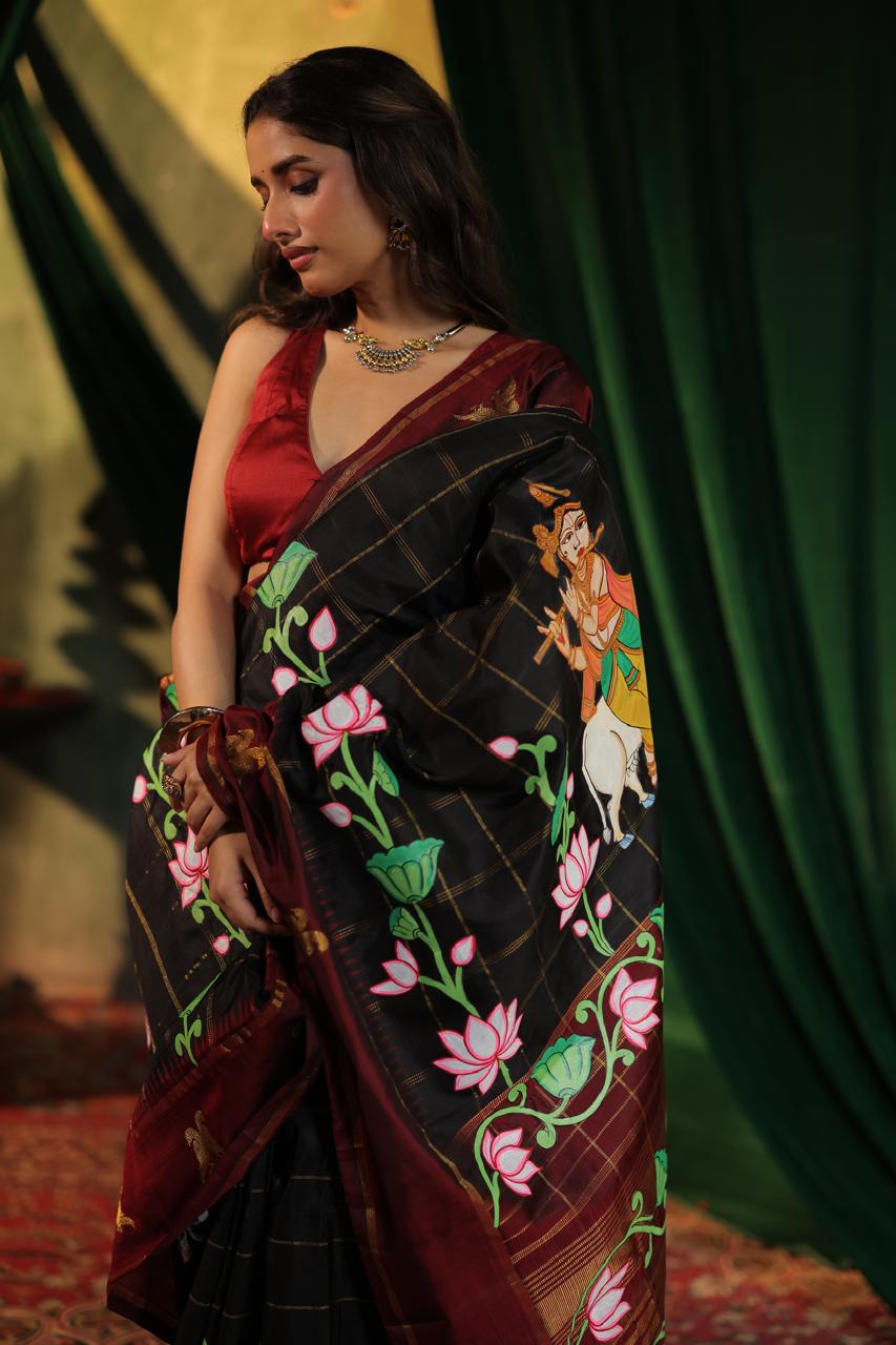 A double kili beetu butta kanchivaram silk saree with handpainted Pichwai pallu and border