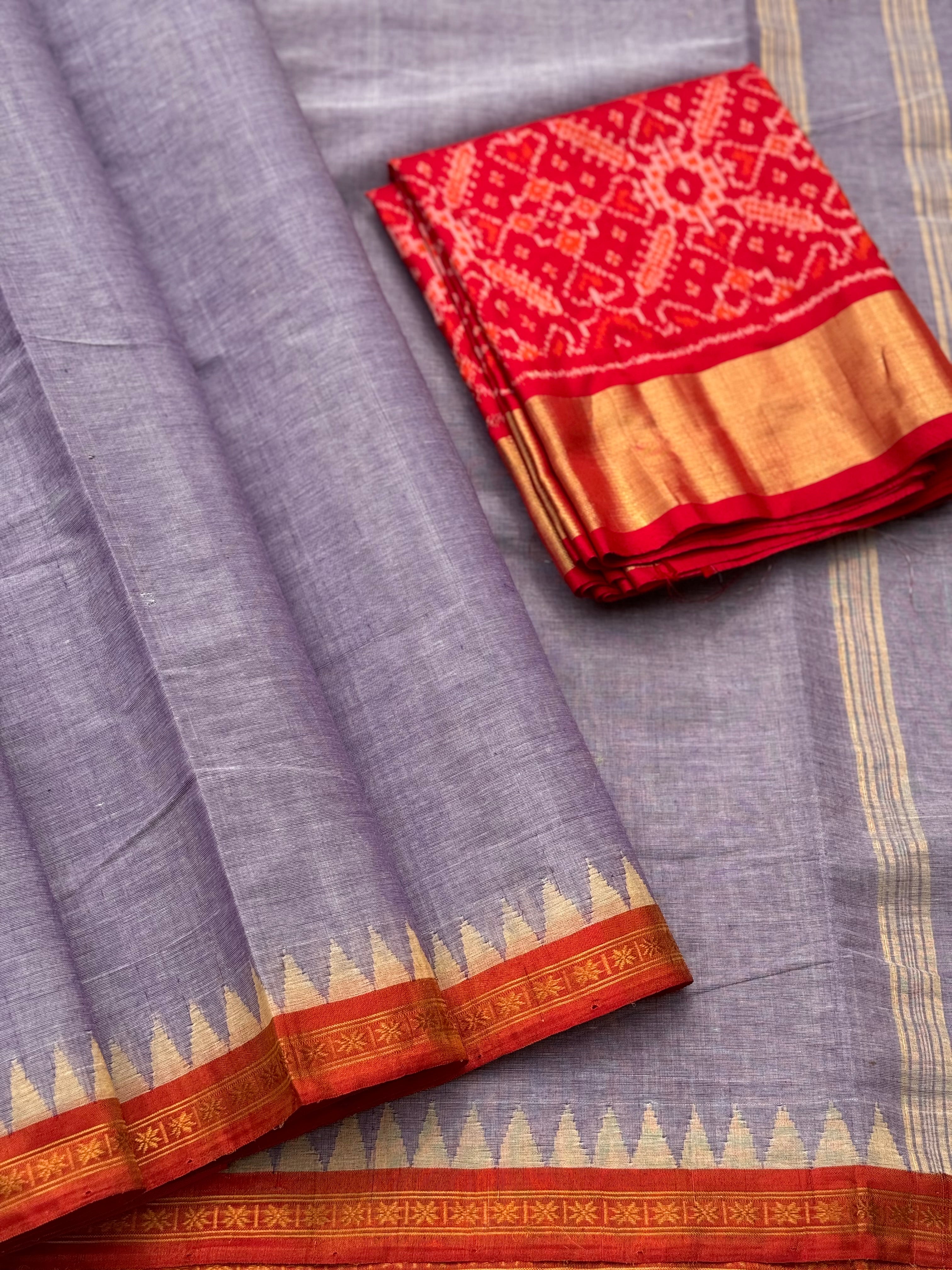 Handspun Ponduru Khadi cotton saree with temple woven contrast silk red border