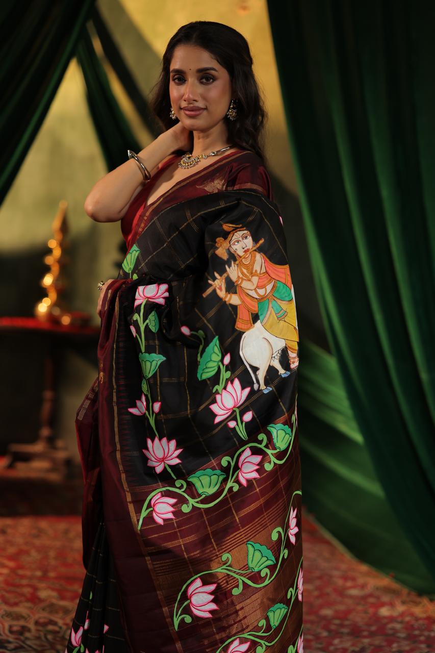 A double kili beetu butta kanchivaram silk saree with handpainted Pichwai pallu and border