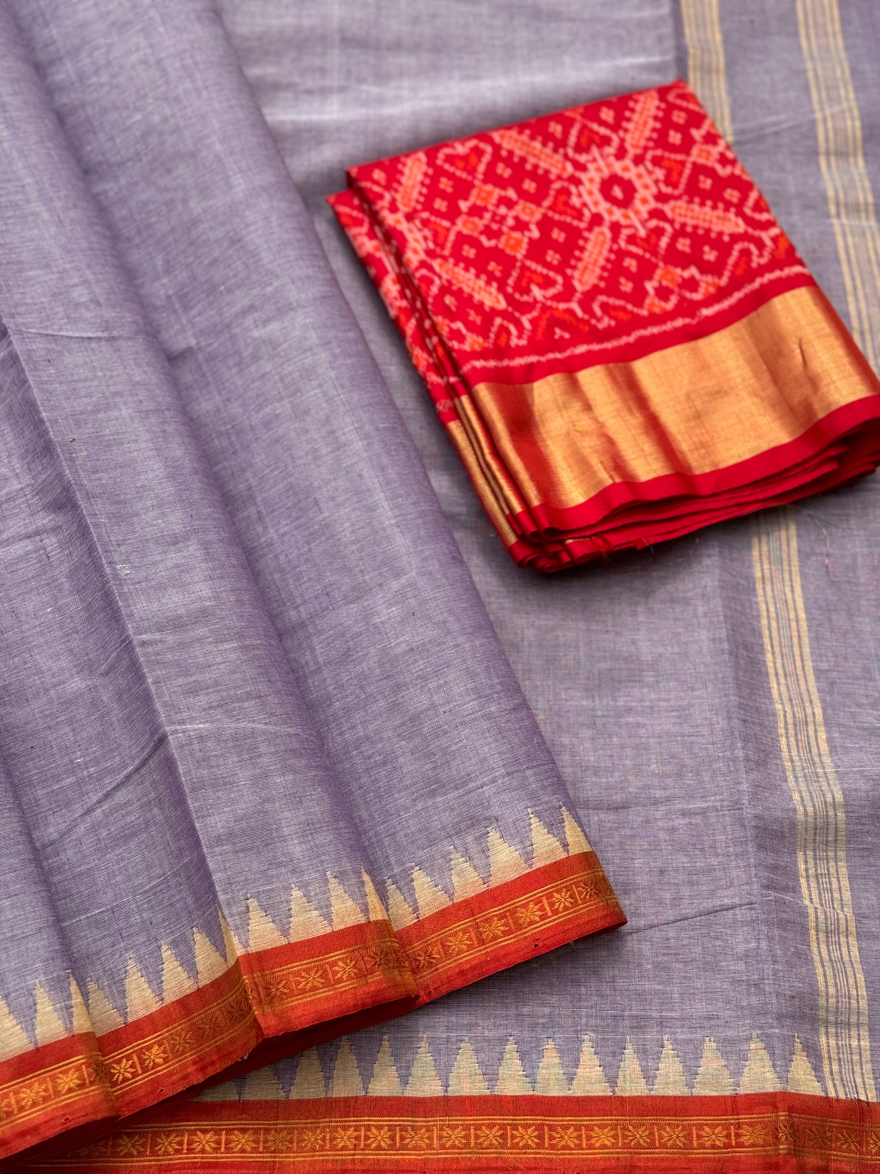 Handspun Ponduru Khadi cotton saree with temple woven contrast silk red border