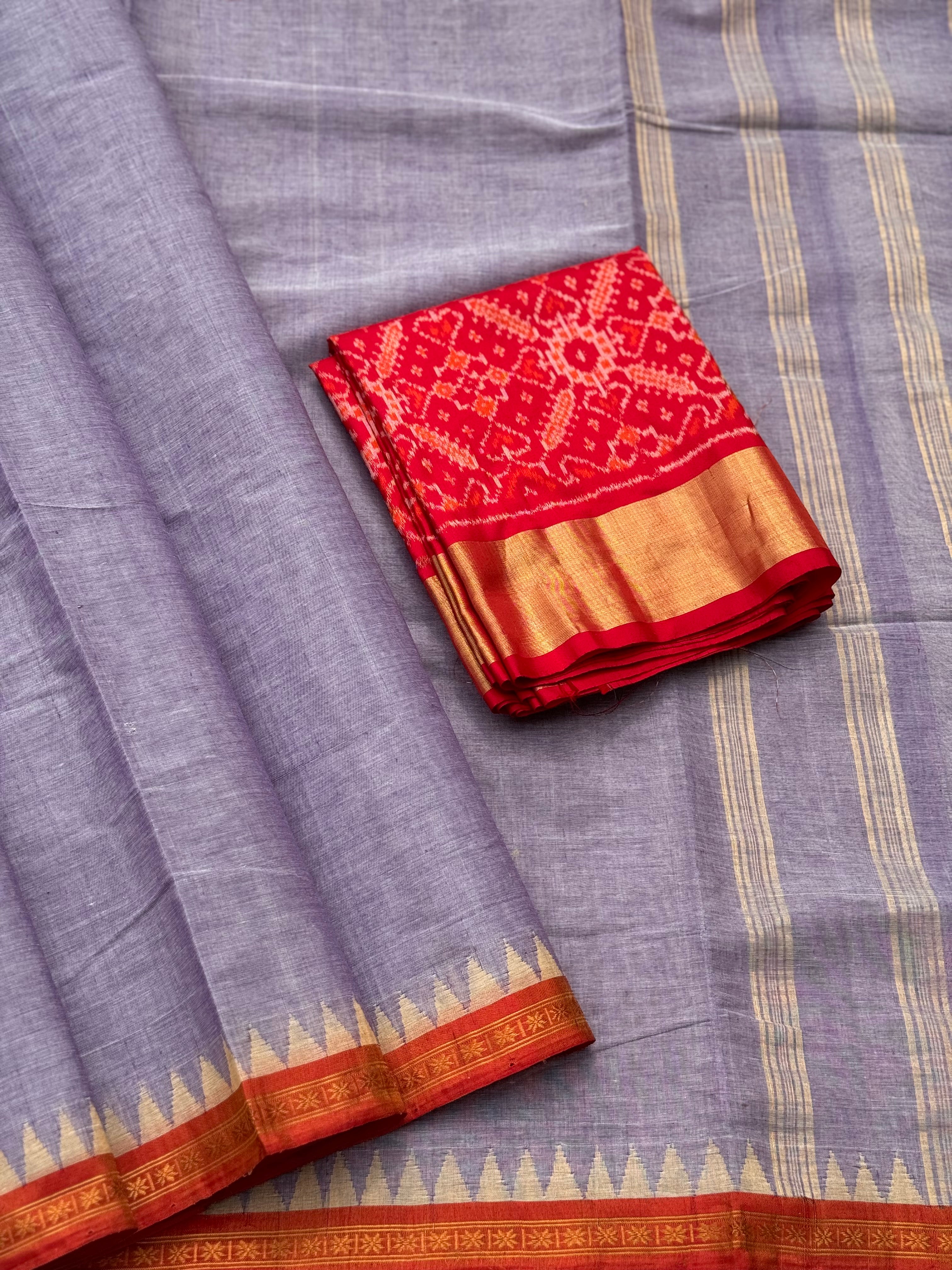 Handspun Ponduru Khadi cotton saree with temple woven contrast silk red border
