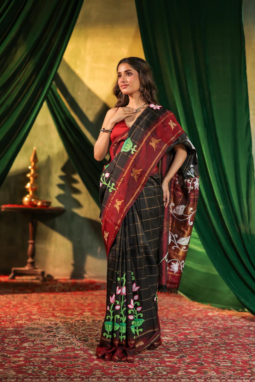 A double kili beetu butta kanchivaram silk saree with handpainted Pichwai pallu and border