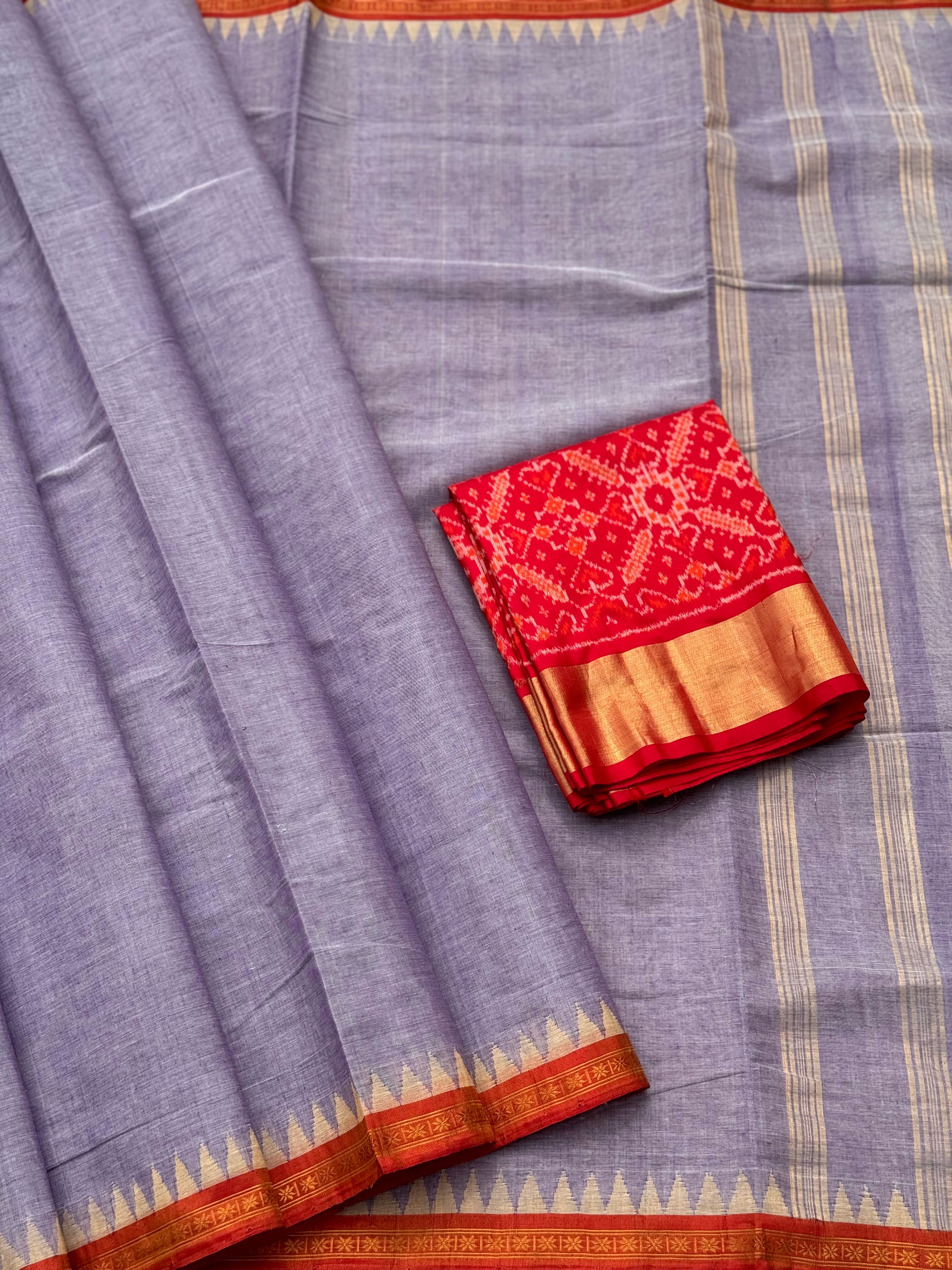 Handspun Ponduru Khadi cotton saree with temple woven contrast silk red border
