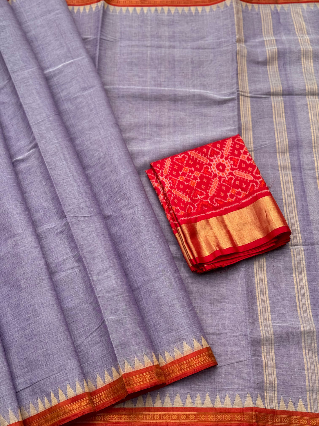 Handspun Ponduru Khadi cotton saree with temple woven contrast silk red border